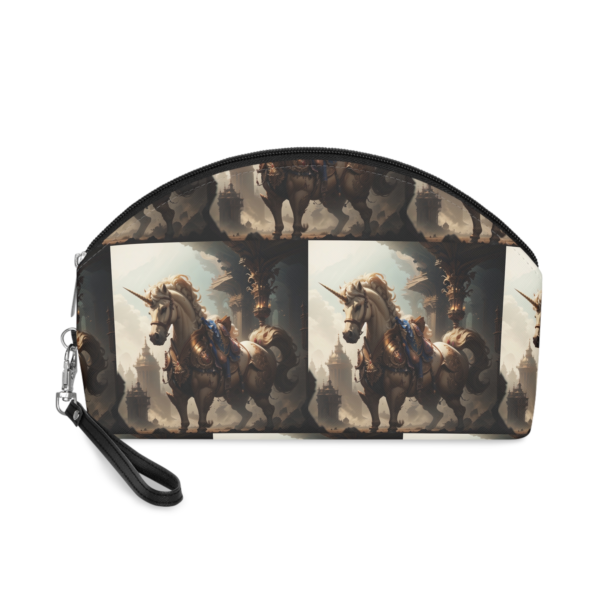Unicorn With Sword Its Back Is Standing Front Building Makeup Bag
