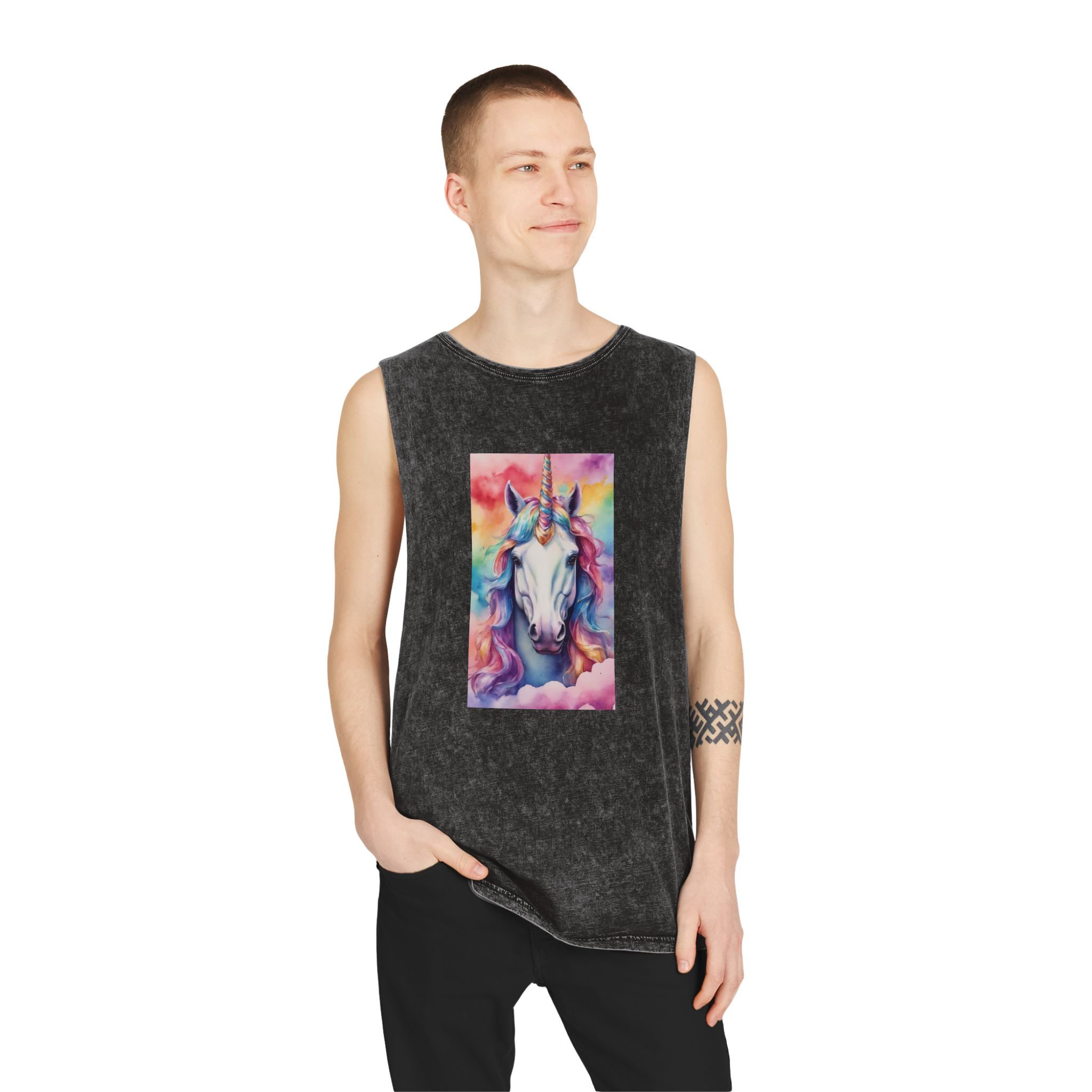 Rainbow Pastel Unicorn Candy Watercolor Background Social Media Template Etc Unisex Stonewash Tank Top - Image 3