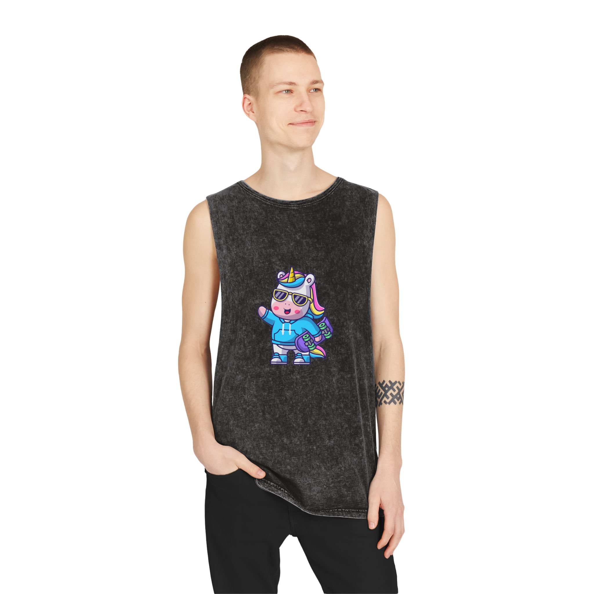Cute Unicorn Skate Unisex Stonewash Tank Top - Image 3