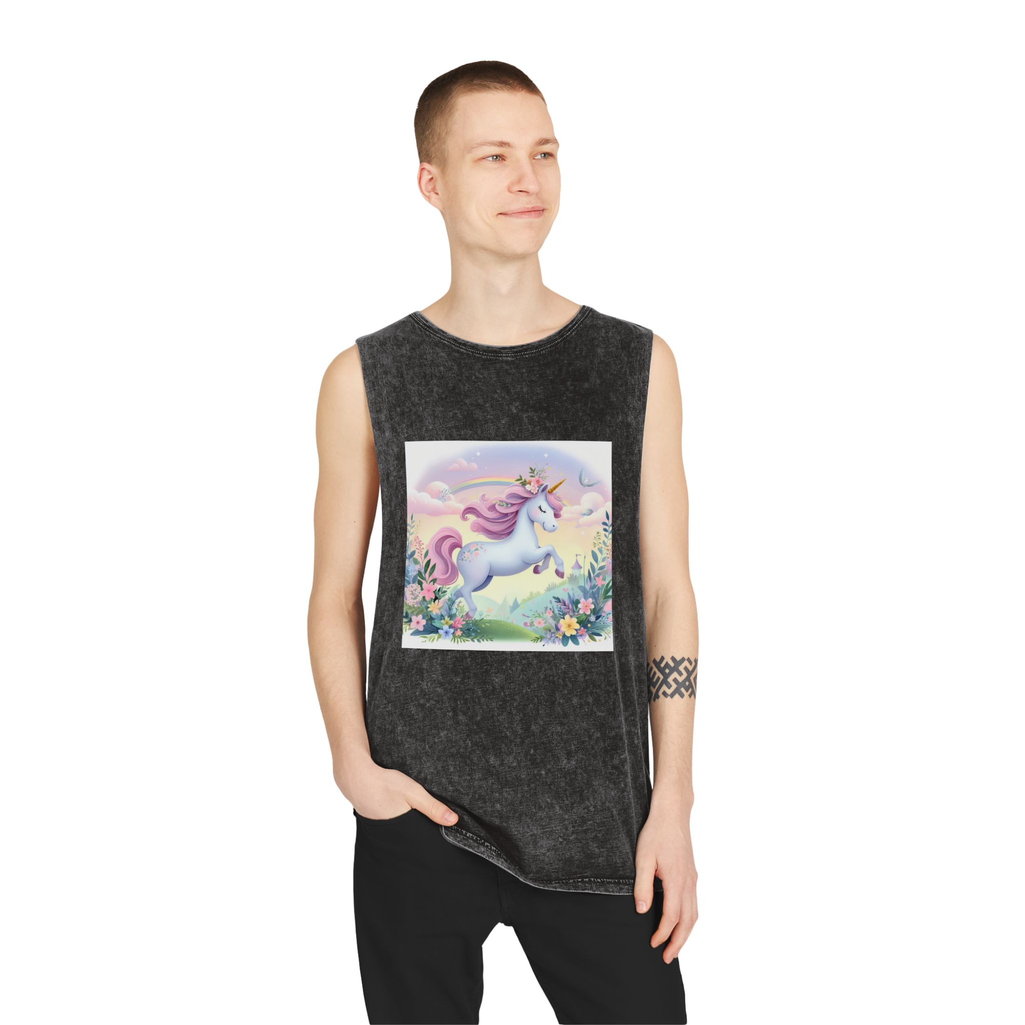 Beautiful Unicorn Running Magical Meadow Unicorn Background Images Whimsical Unicorn (11) Unisex Stonewash Tank Top - Image 3
