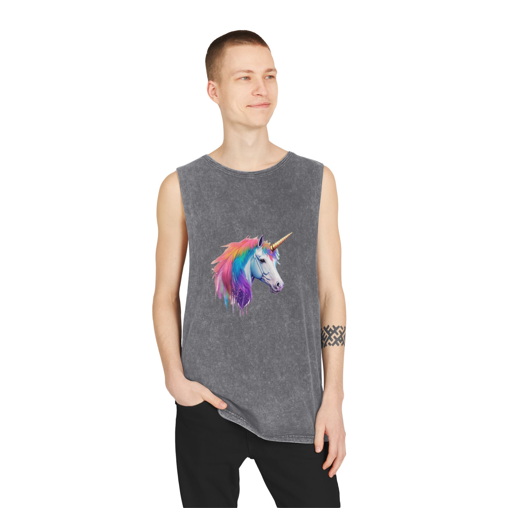 Unicorn Head With Rainbow Mane Horn White Background Unisex Stonewash Tank Top - Image 11