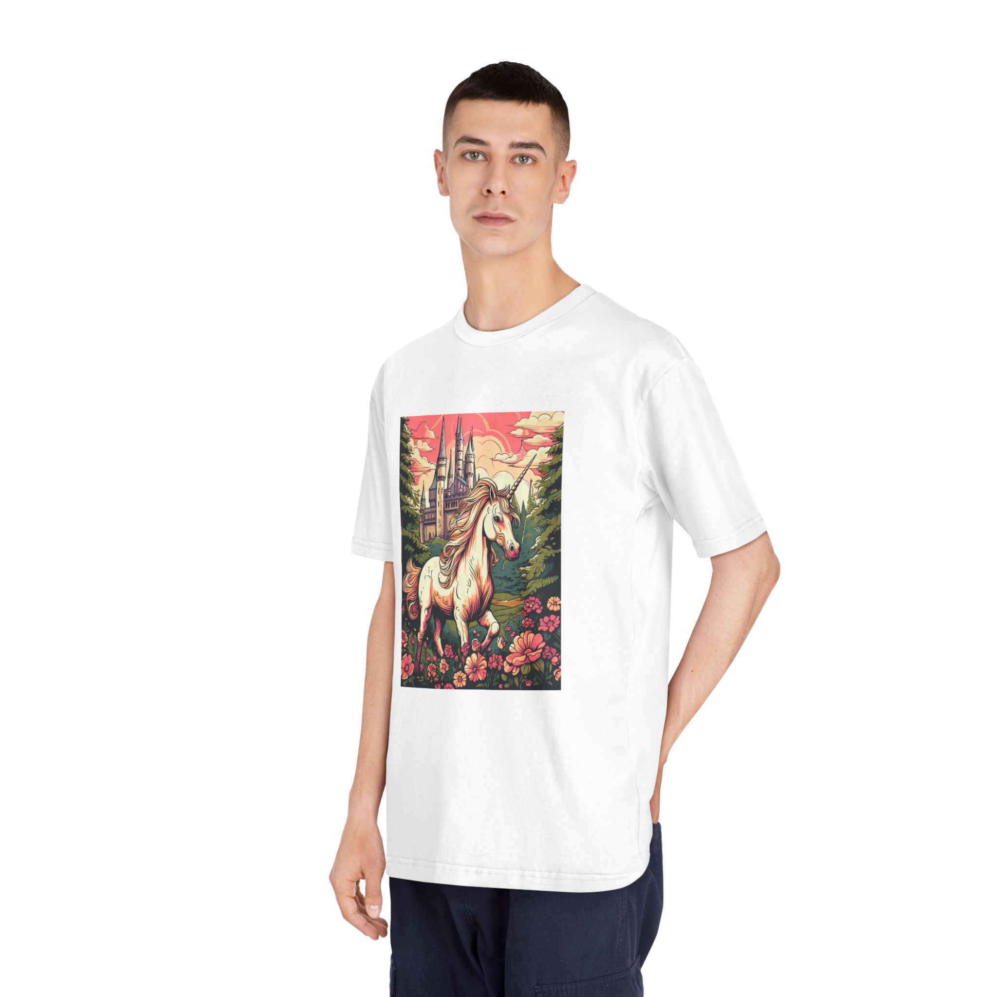 Unicorn Front Castle With Flowers Trees Generative Ai Unisex Classic Crewneck T Shirt - Image 4