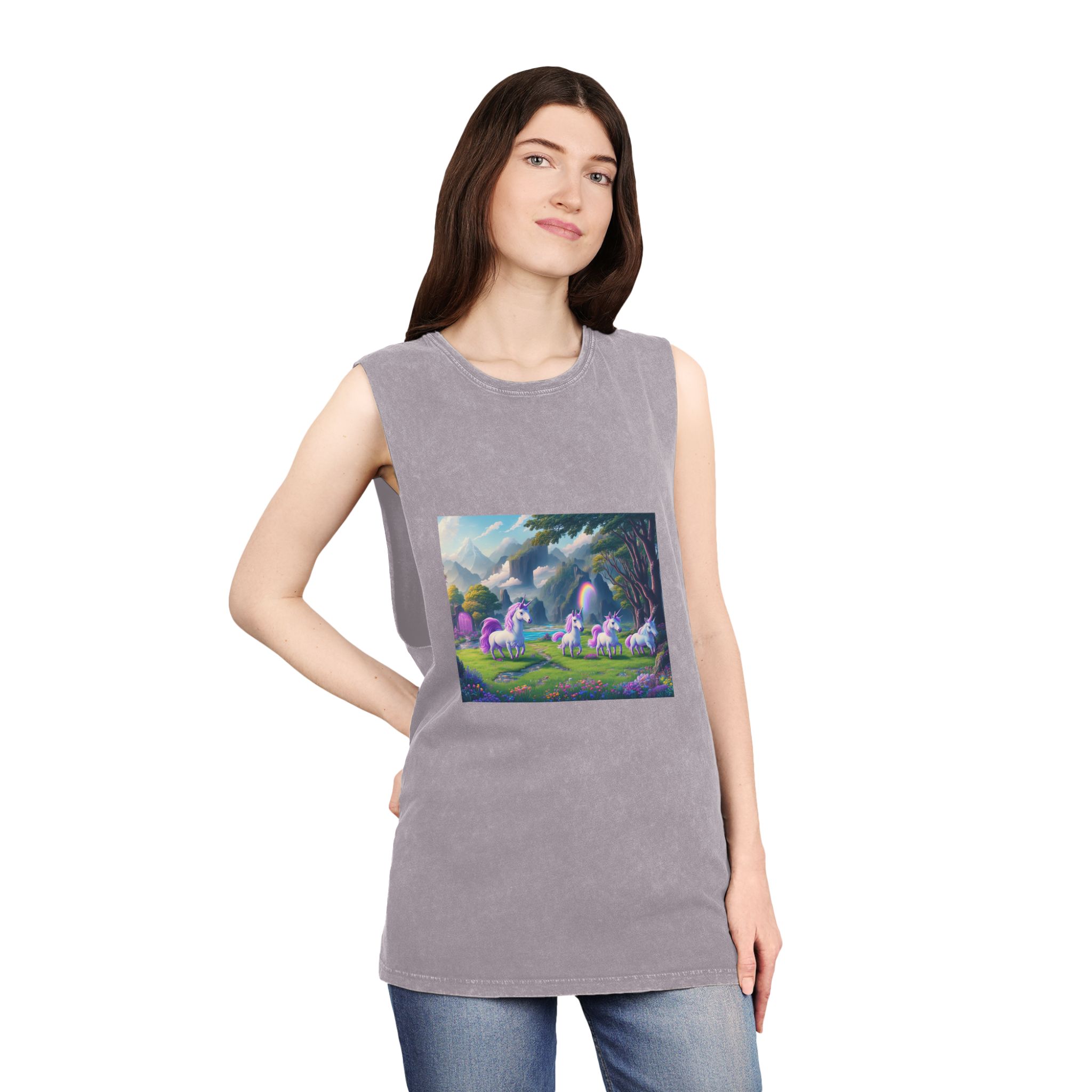 Painting Group Unicorns Landscape With Mountains Background Unisex Stonewash Tank Top - Image 20