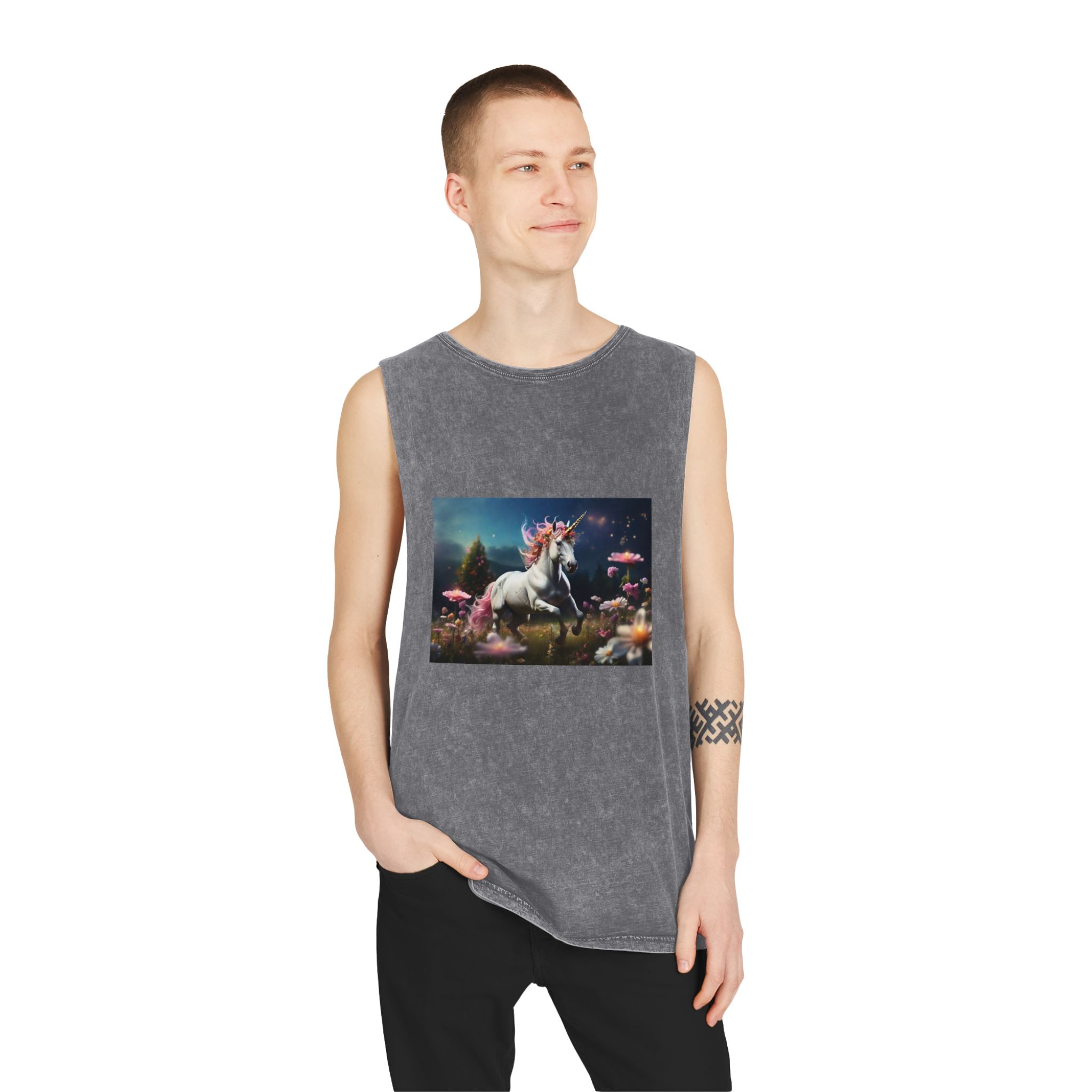 Beautiful Unicorn Running Magical Meadow Unicorn Background Images Whimsical Unicorn (23) Unisex Stonewash Tank Top - Image 11