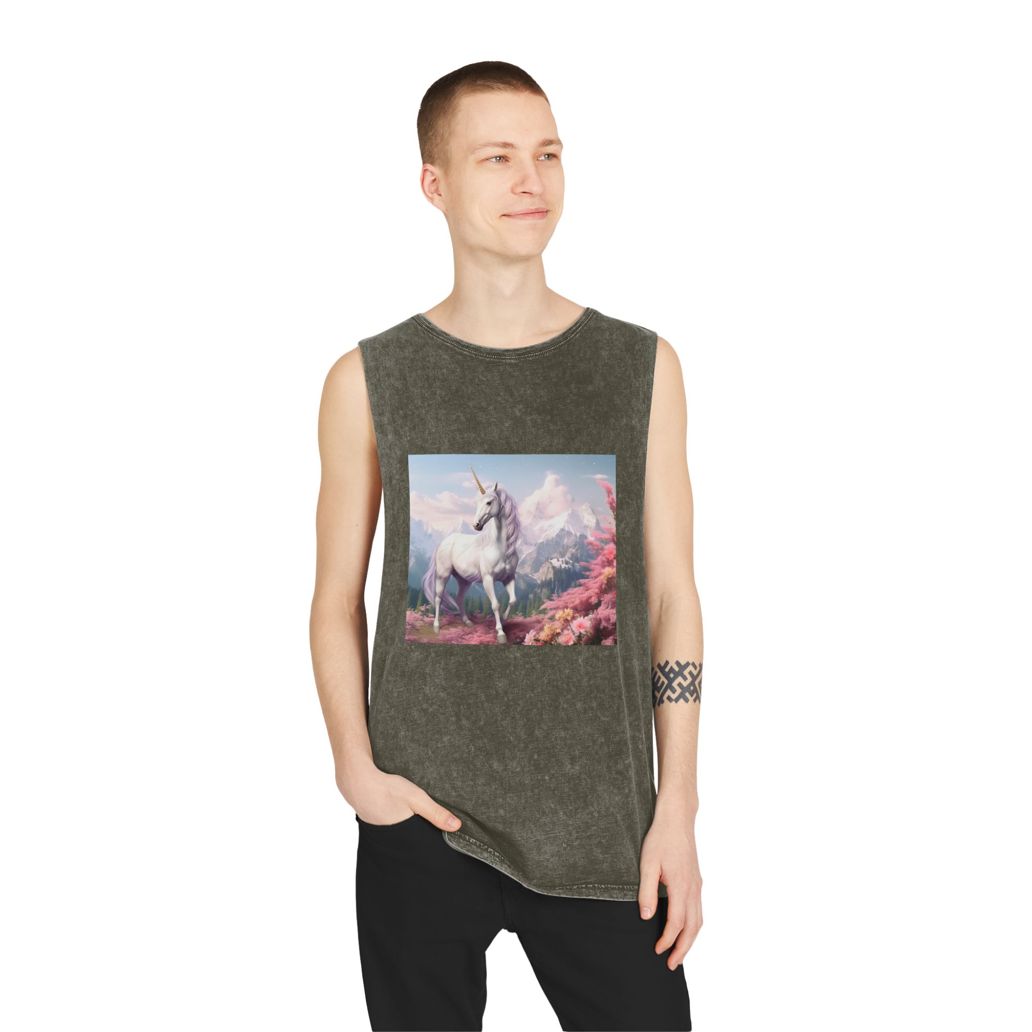 Unicorn Standing Field Flowers With Mountains Background Generative Ai Unisex Stonewash Tank Top - Image 7