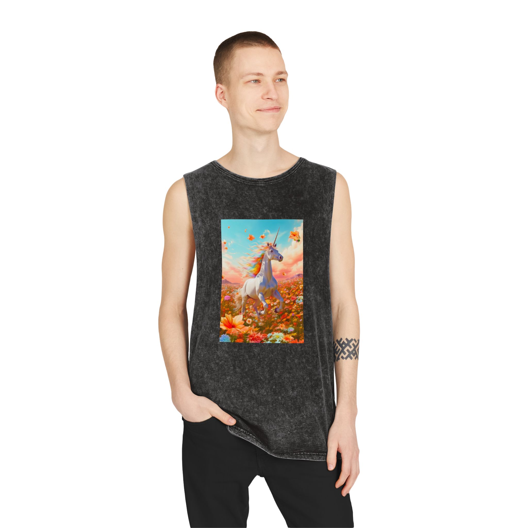 Image White Unicorn Running Through Field Wildflowers Generative Ai Unisex Stonewash Tank Top - Image 3
