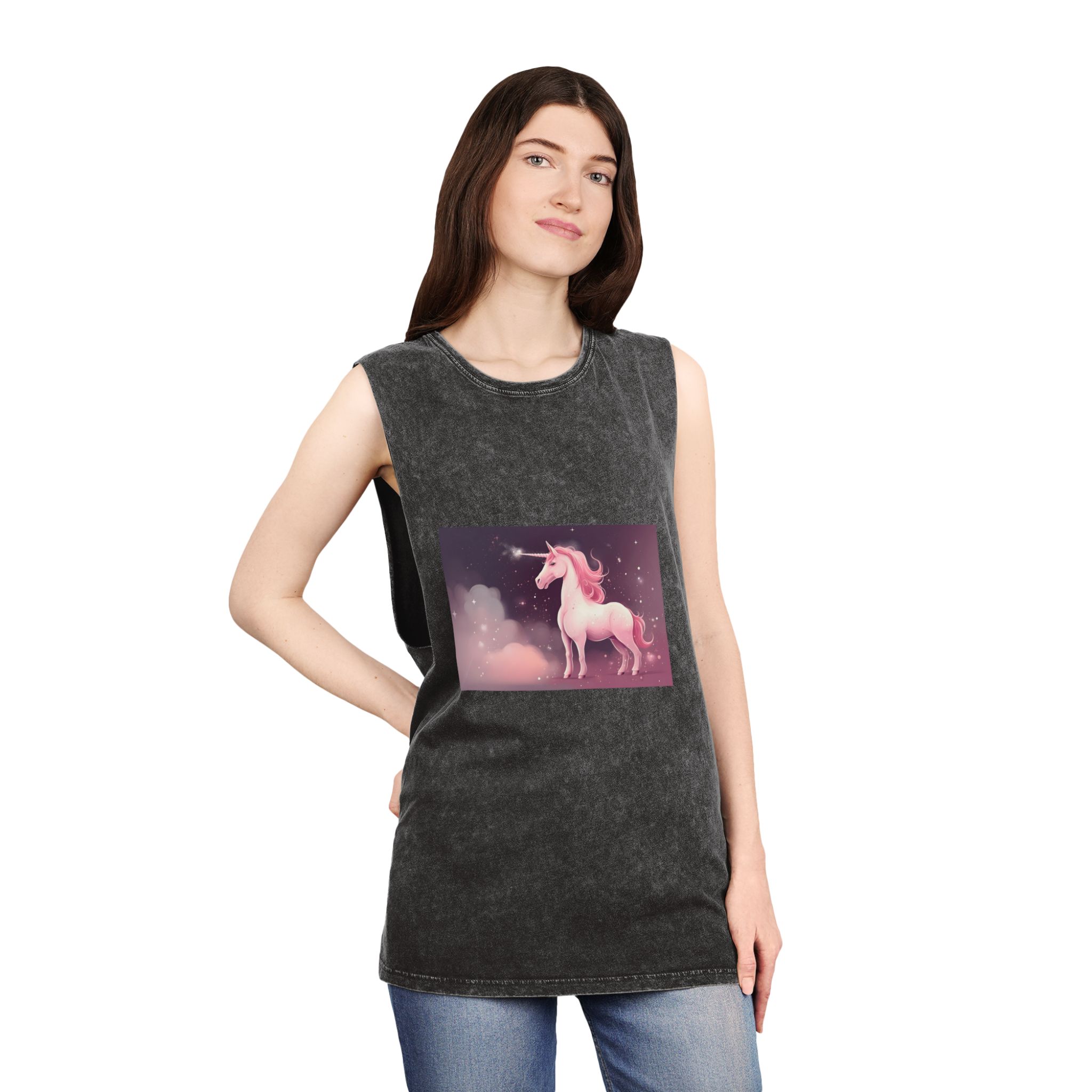 Pink Unicorn Fantastic Illustration Unisex Stonewash Tank Top - Image 4
