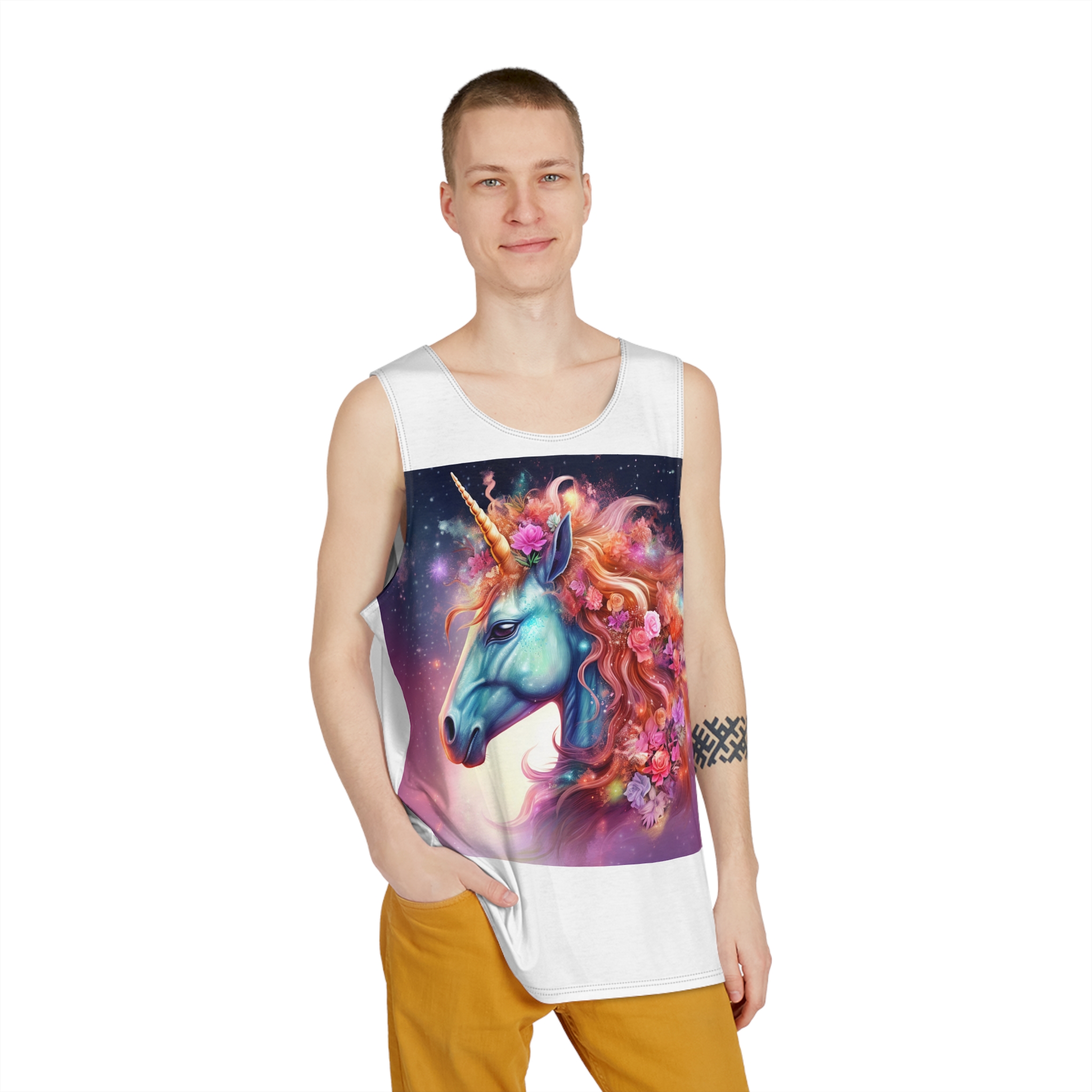 Unicorn With Flowers Its Mane Star Background Generative Ai Mens Tank Aop - Image 3