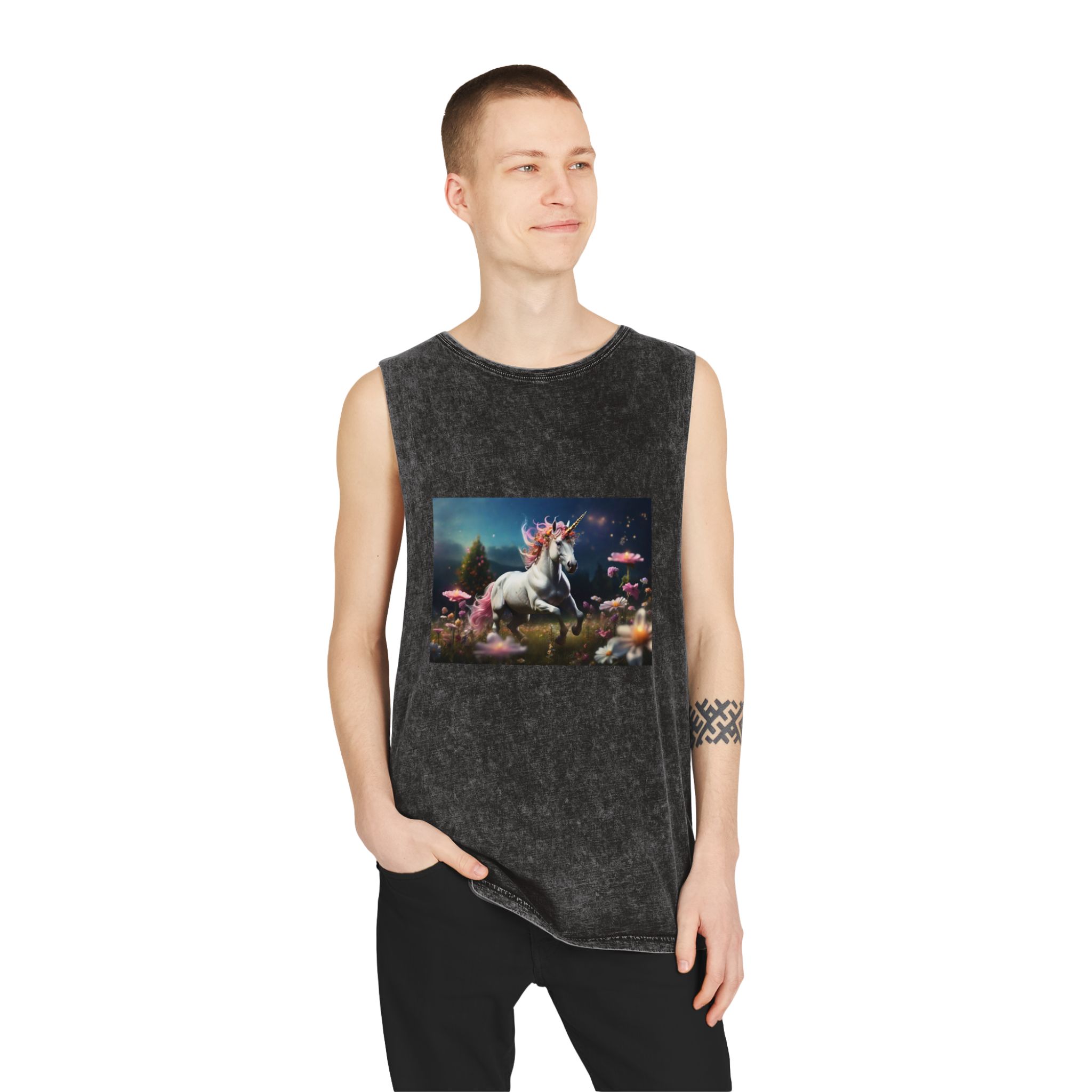 Beautiful Unicorn Running Magical Meadow Unicorn Background Images Whimsical Unicorn (23) Unisex Stonewash Tank Top - Image 3