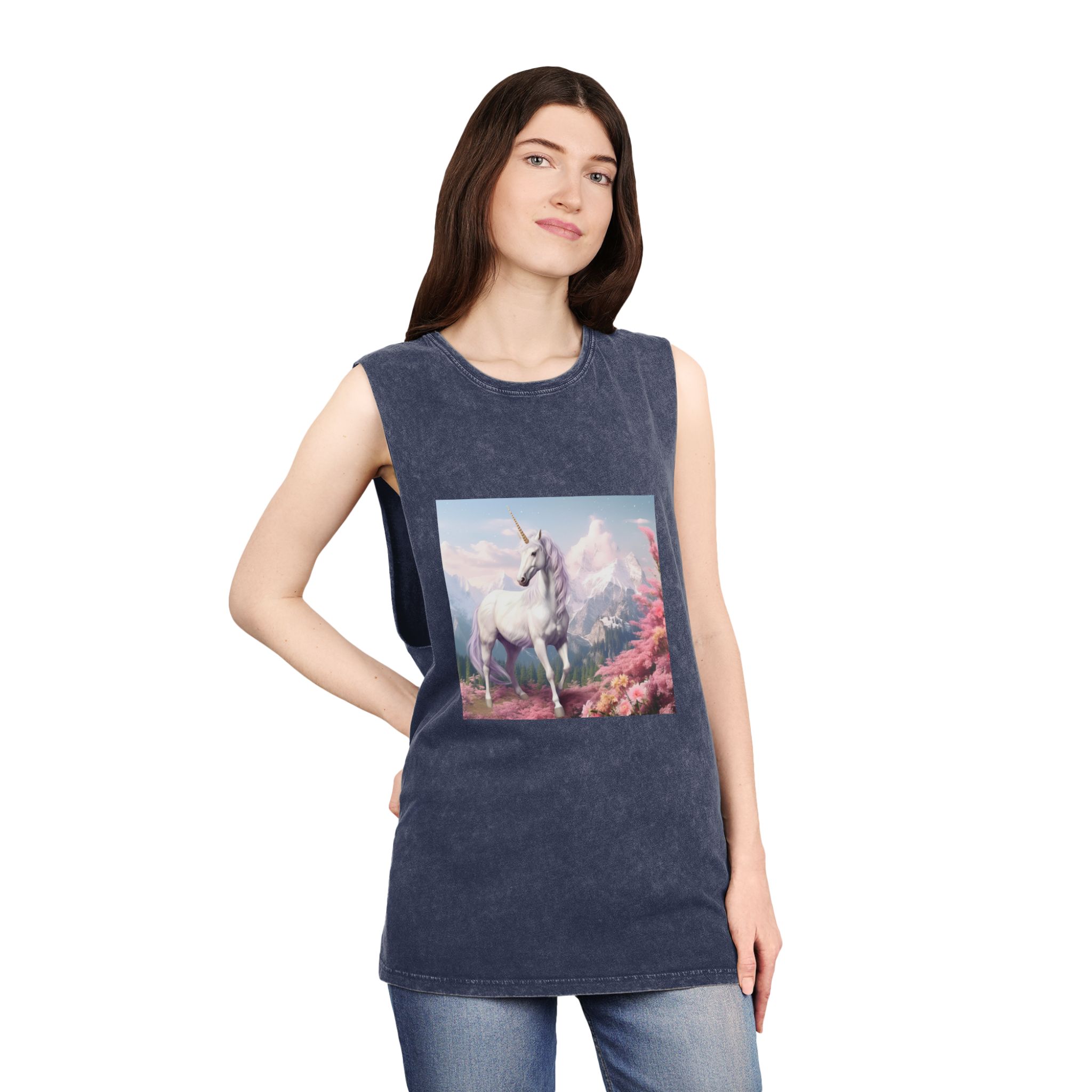 Unicorn Standing Field Flowers With Mountains Background Generative Ai Unisex Stonewash Tank Top - Image 16
