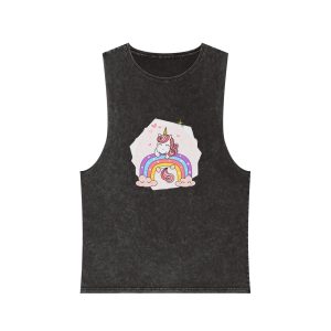 Cute Unicorn Magical Purple Rainbow Simple Doodle Outline Cartoon Illustration Unisex Stonewash Tank Top