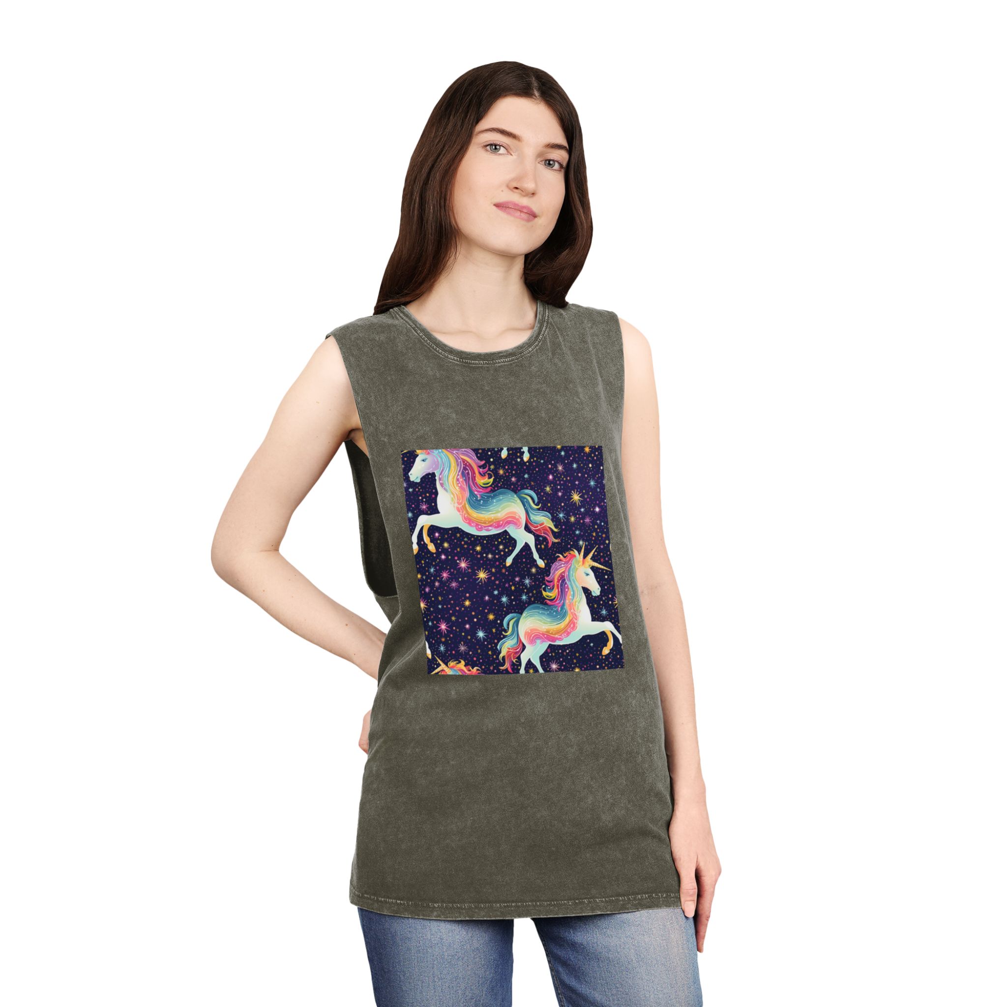 Seamless Pattern With Unicorns Stars Dark Background Generative Ai Unisex Stonewash Tank Top - Image 8
