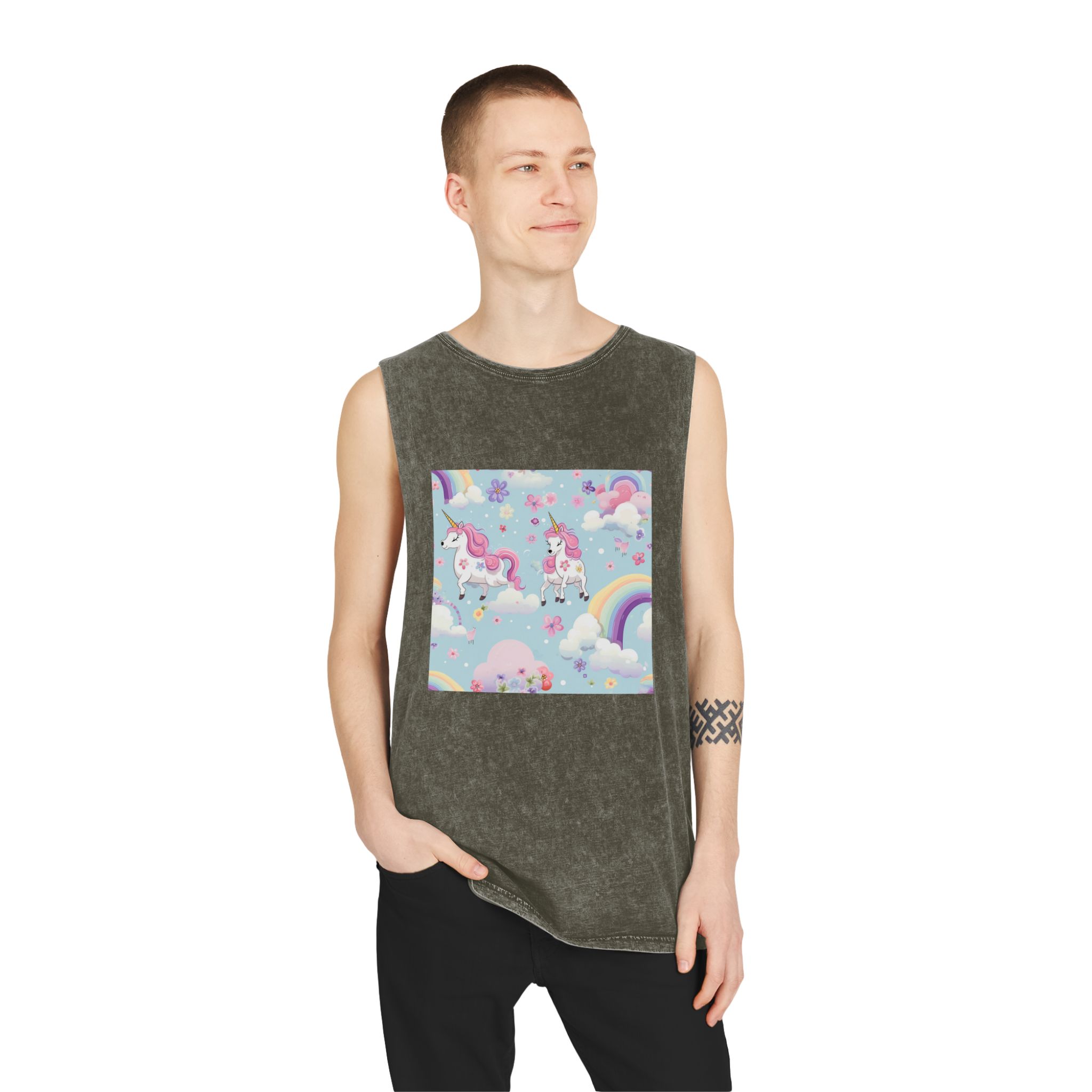 Playful Unicorns Among Flowers Clouds Rainbows Ice Creams Pastel Background Unisex Stonewash Tank Top - Image 7
