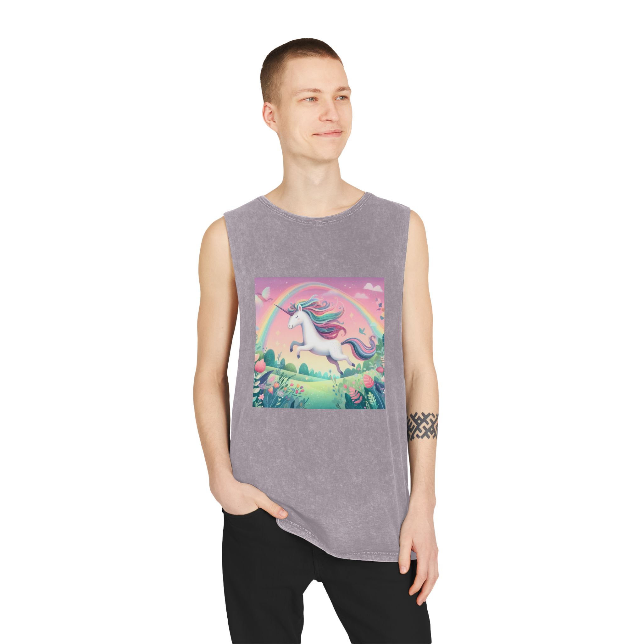 Beautiful Unicorn Running Magical Meadow Unicorn Background Images Whimsical Unicorn (9) Unisex Stonewash Tank Top - Image 19