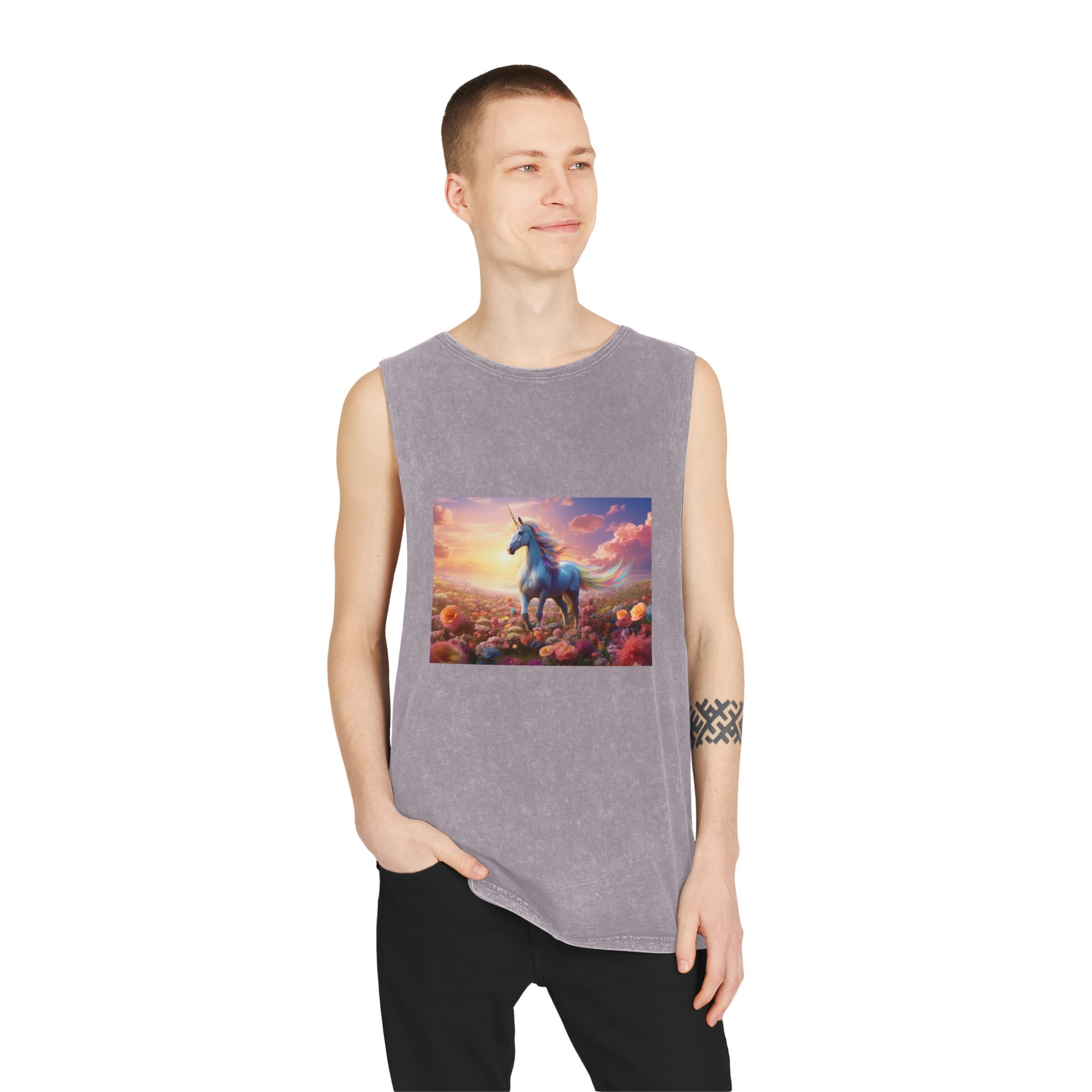 Unicorn Flower Field Unisex Stonewash Tank Top - Image 19