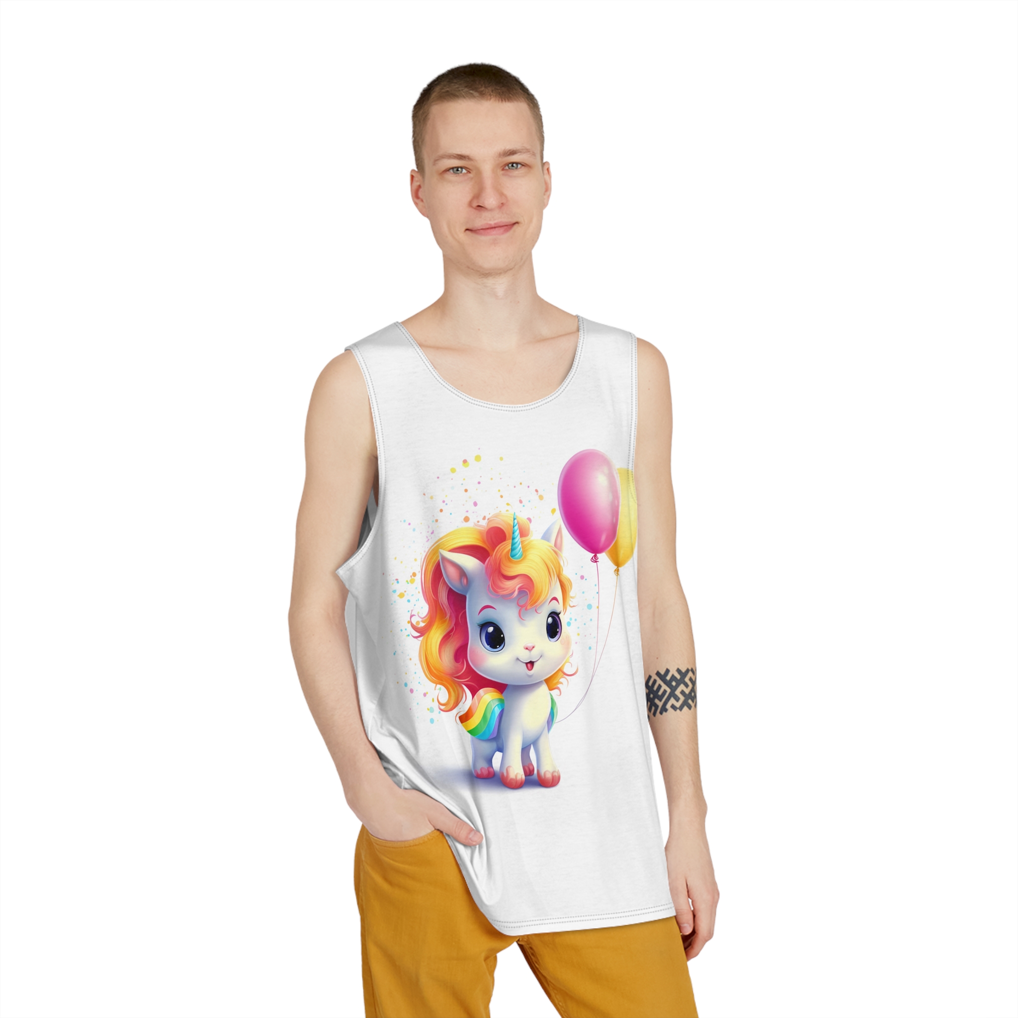 Cartoon Unicorn With Rainbow Mane Balloon Generative Ai (1) Mens Tank Aop - Image 3