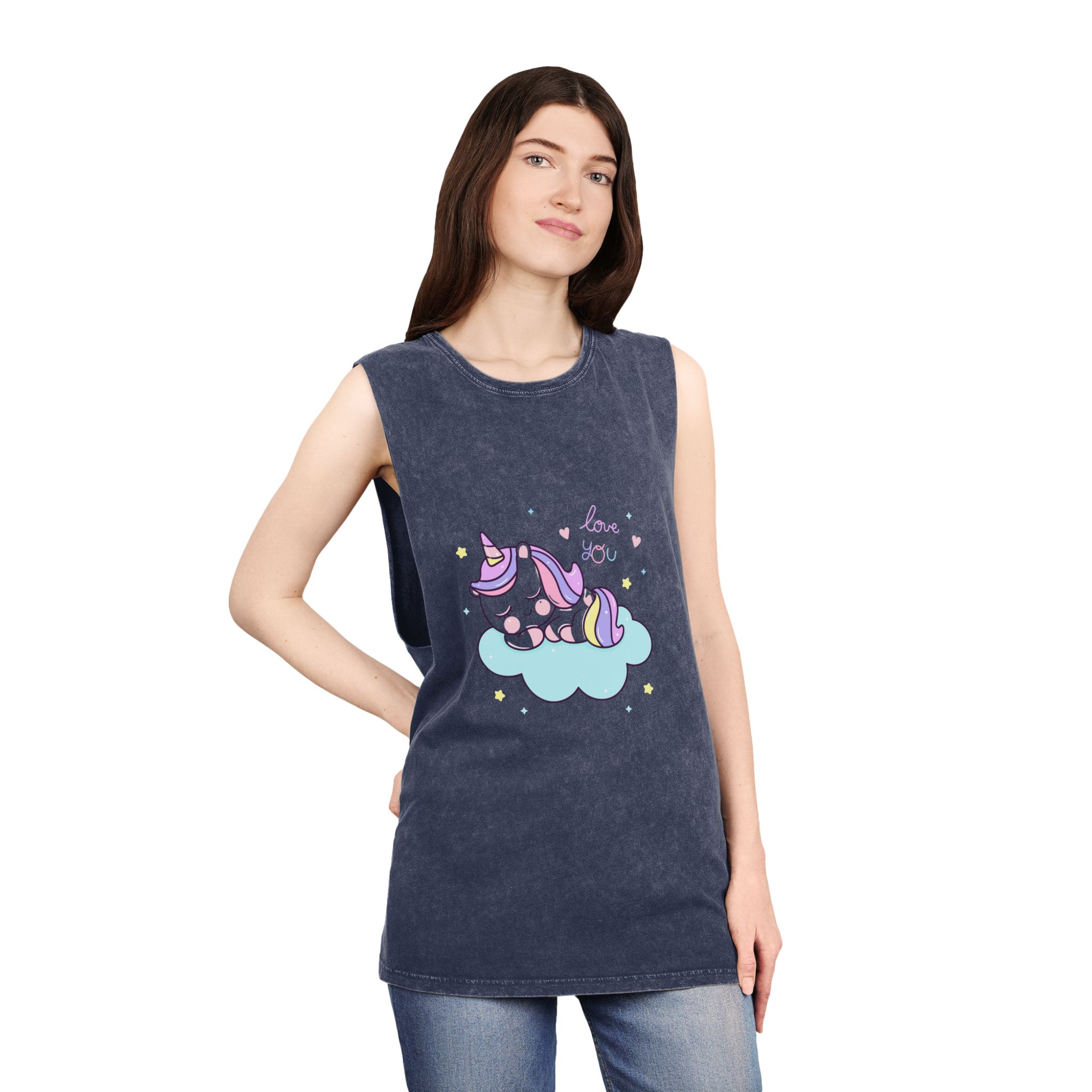 Cute Unicorn Sleep Cartoon Cloud Sweet Dream Kawaii Hand Drawn Unisex Stonewash Tank Top - Image 16