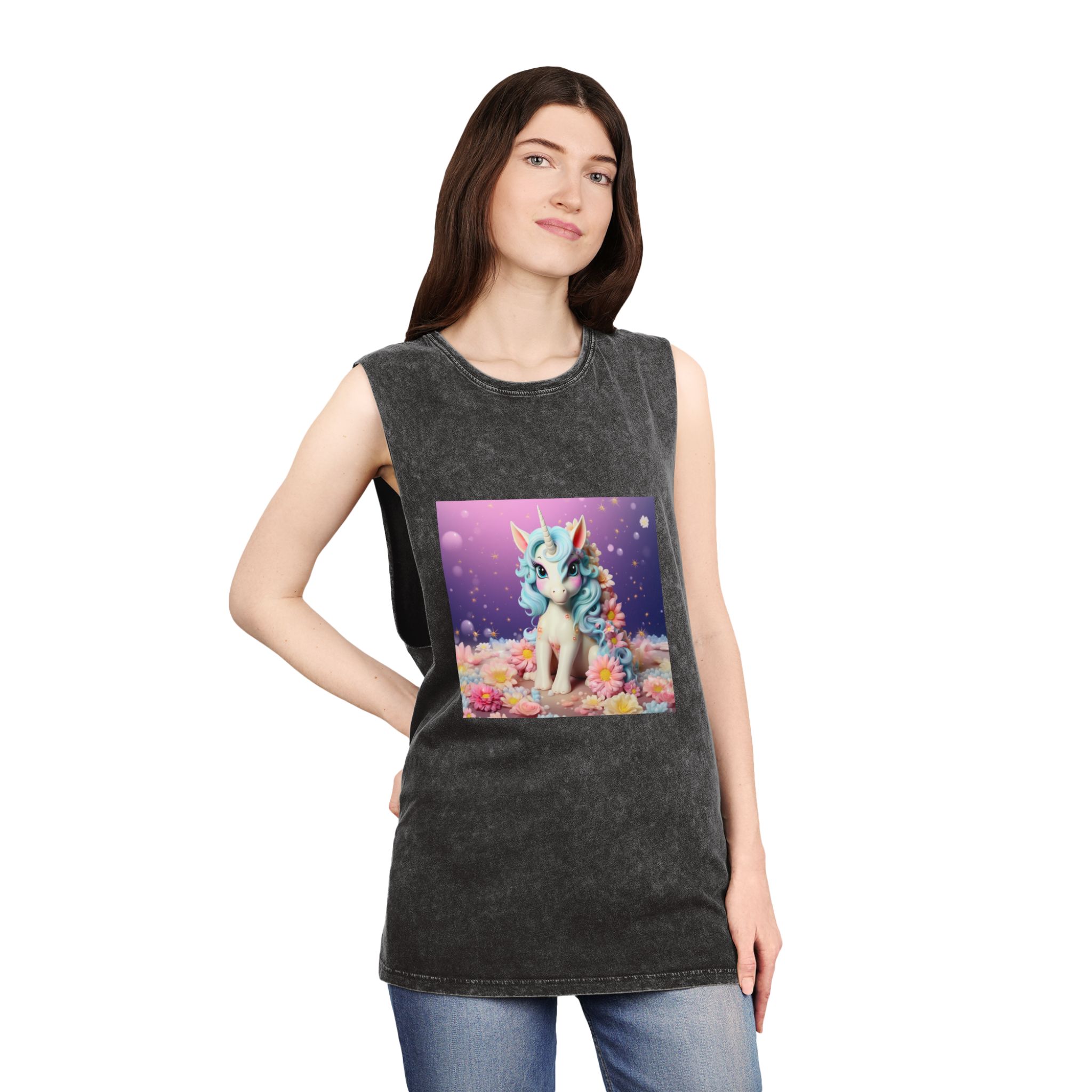 There Is White Unicorn With Blue Hair Flowers Table Generative Ai Unisex Stonewash Tank Top - Image 4