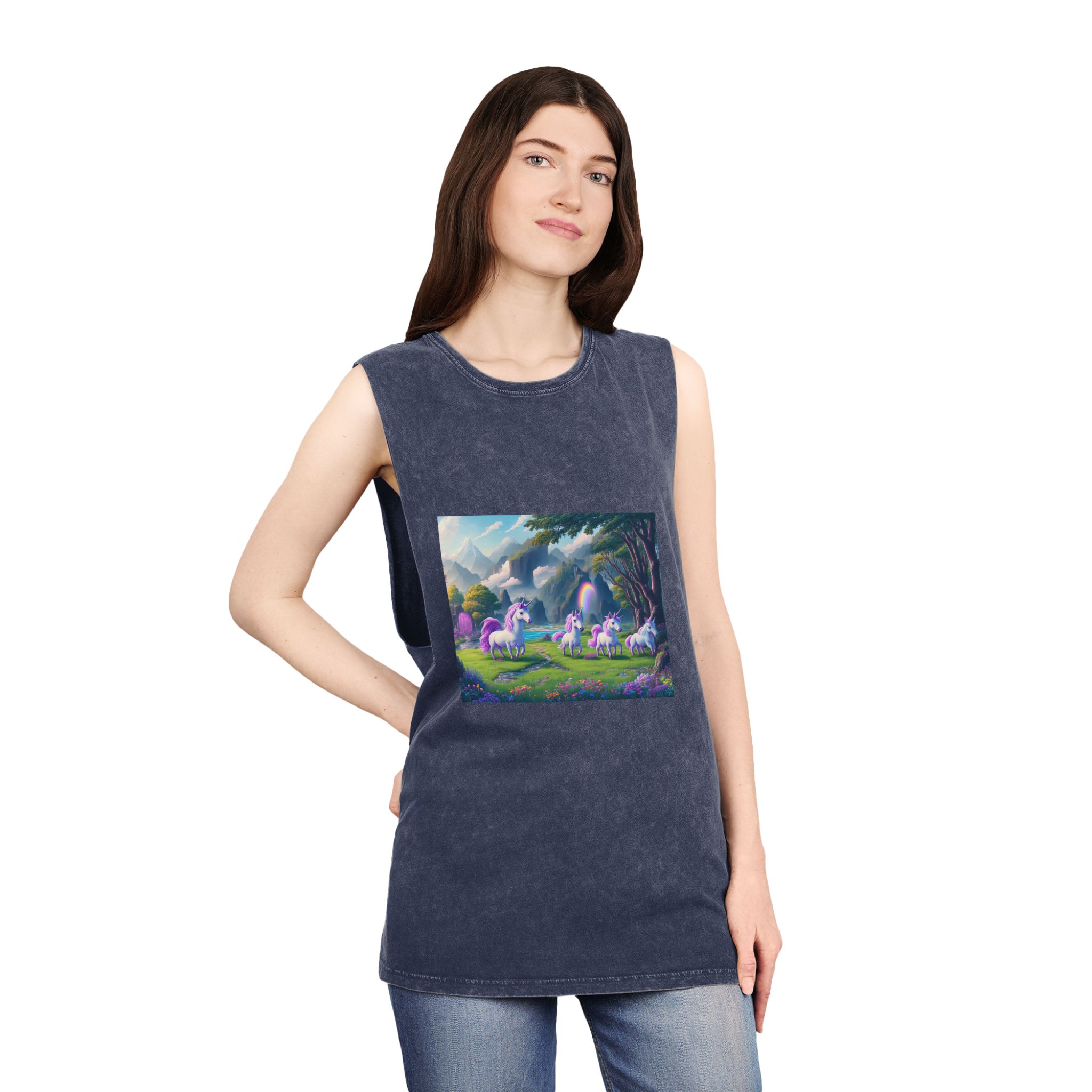 Painting Group Unicorns Landscape With Mountains Background Unisex Stonewash Tank Top - Image 16