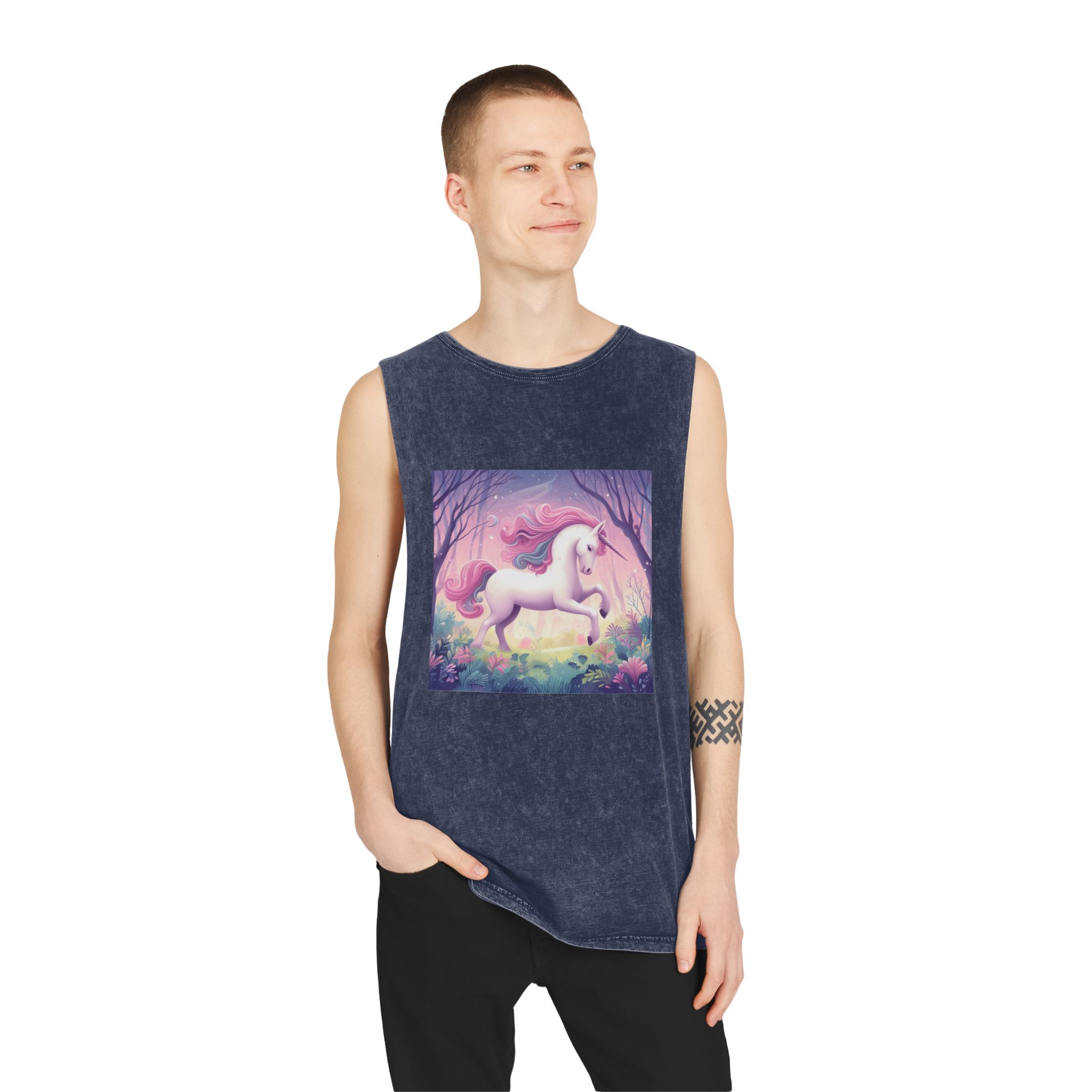 Beautiful Unicorn Running Magical Meadow Unicorn Background Images Whimsical Unicorn (25) Unisex Stonewash Tank Top - Image 15