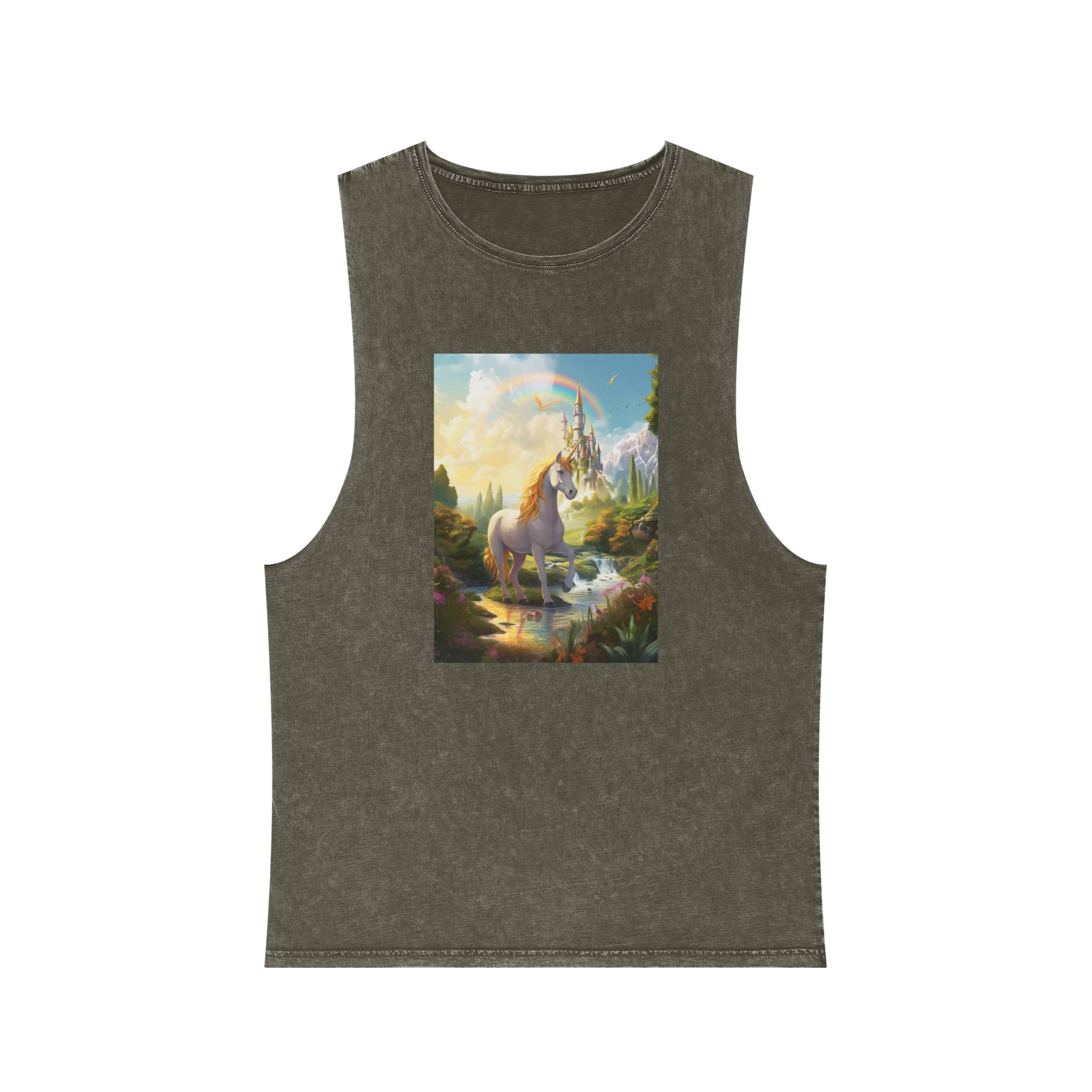 Painting Unicorn Fantasy Setting With Castle Background Generative Ai Unisex Stonewash Tank Top - Image 5