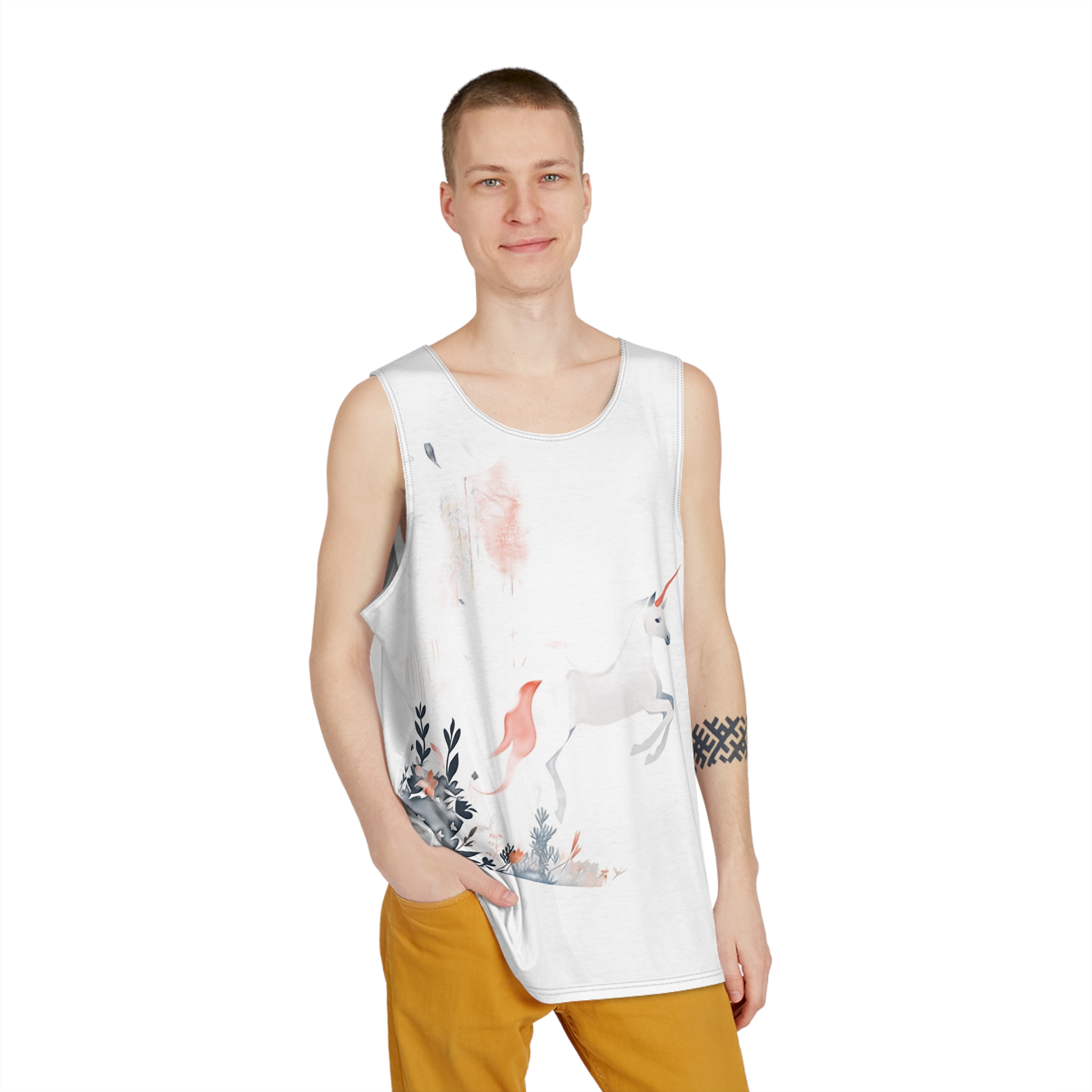 Illustration Unicorn Forest With Flowers Trees Generative Ai Mens Tank Aop - Image 3