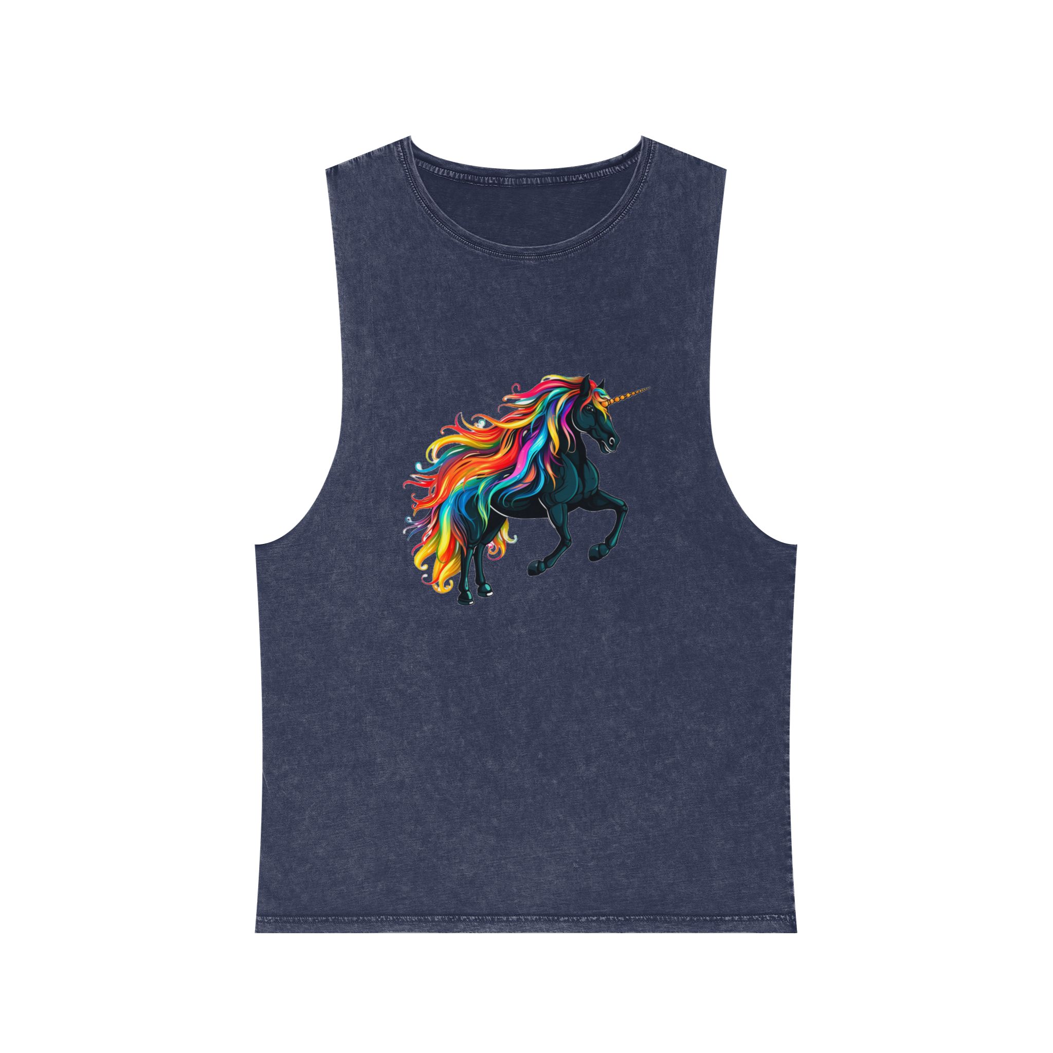 Close Up Black Unicorn With Rainbow Mane Generative Ai Unisex Stonewash Tank Top - Image 13