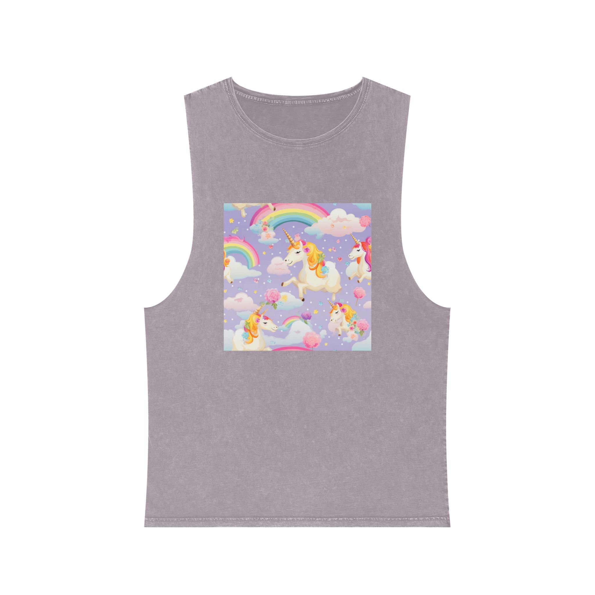 Playful Unicorns Among Flowers Clouds Rainbows Ice Creams Pastel Background (5) Unisex Stonewash Tank Top - Image 17