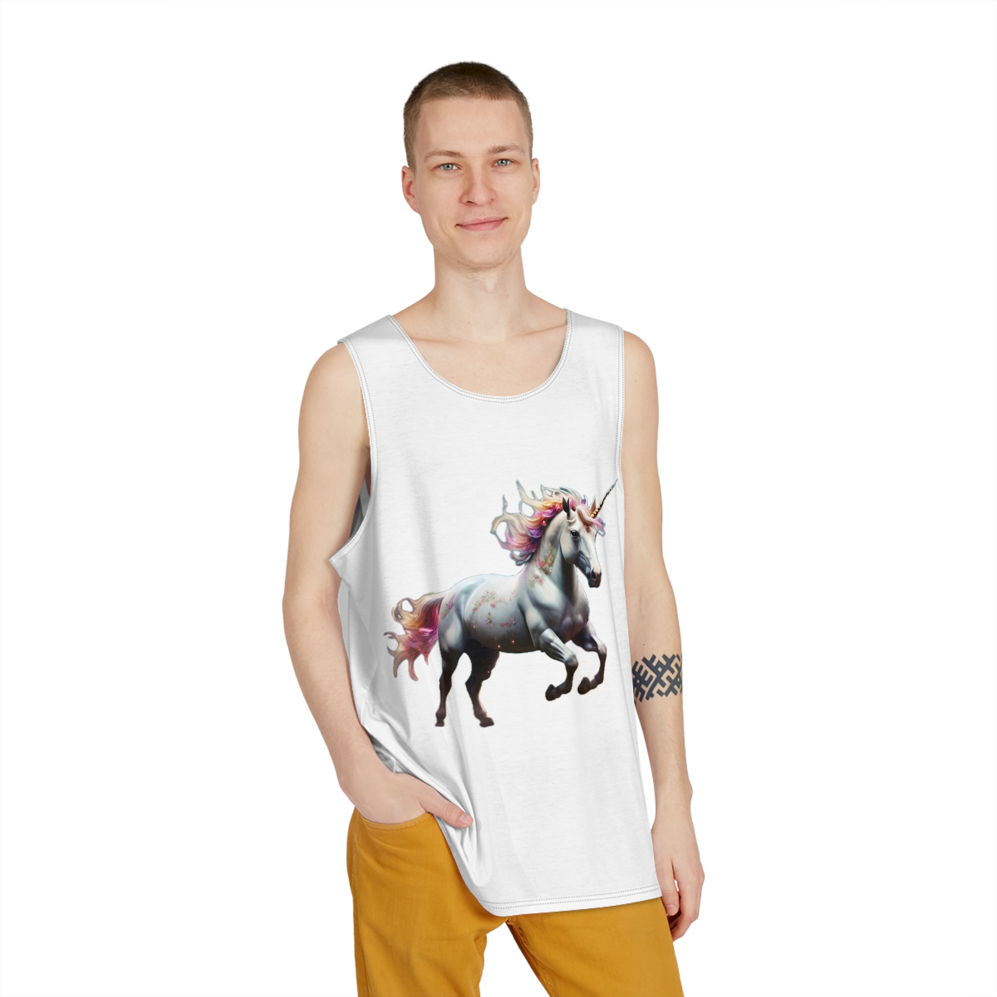 Beautiful Unicorn Running Magical Meadow Unicorn Background Images Whimsical Unicorn (50) Mens Tank Aop - Image 3