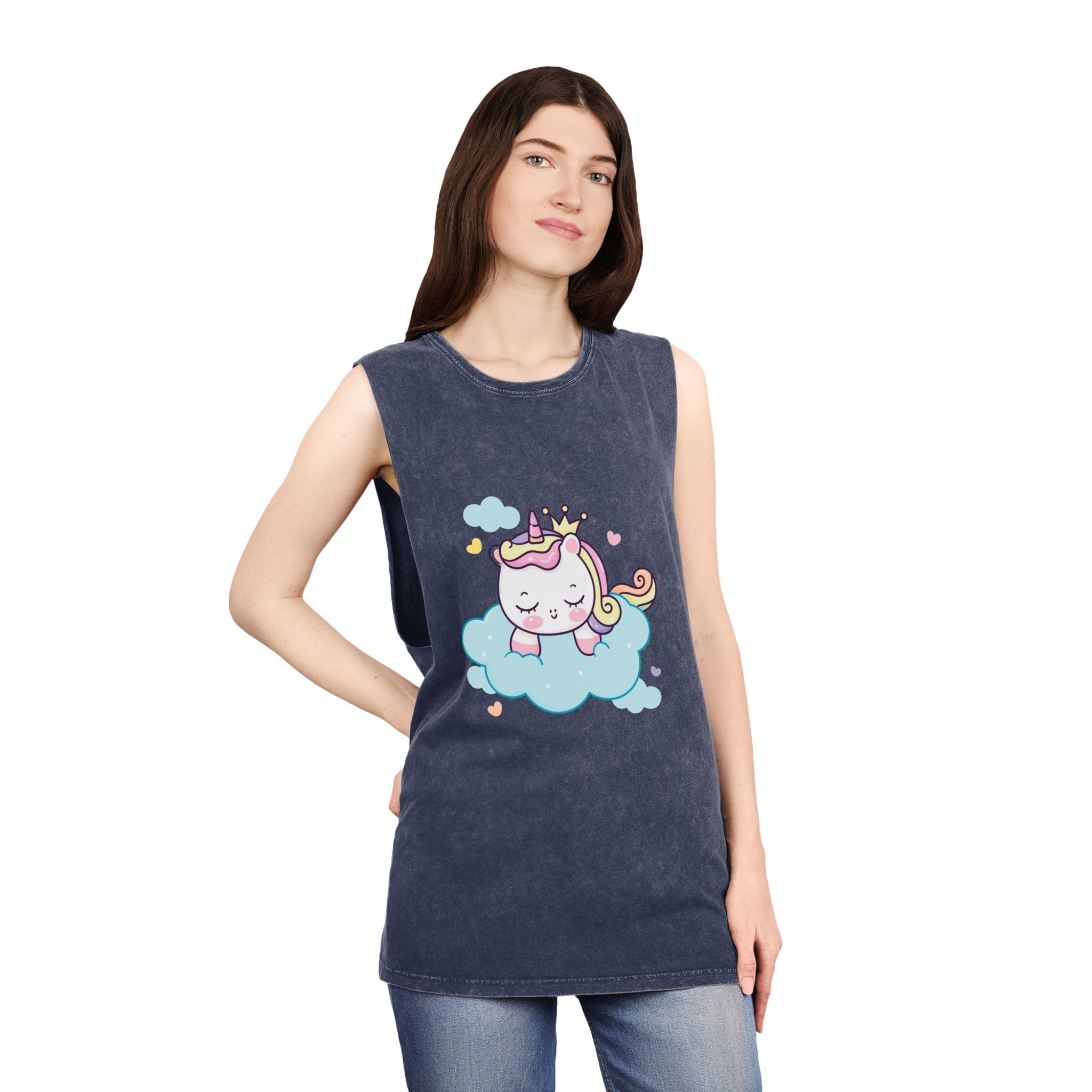 Cute Unicorn Princess Cartoon Sleep Cloud Kawaii Clipart Unisex Stonewash Tank Top - Image 16