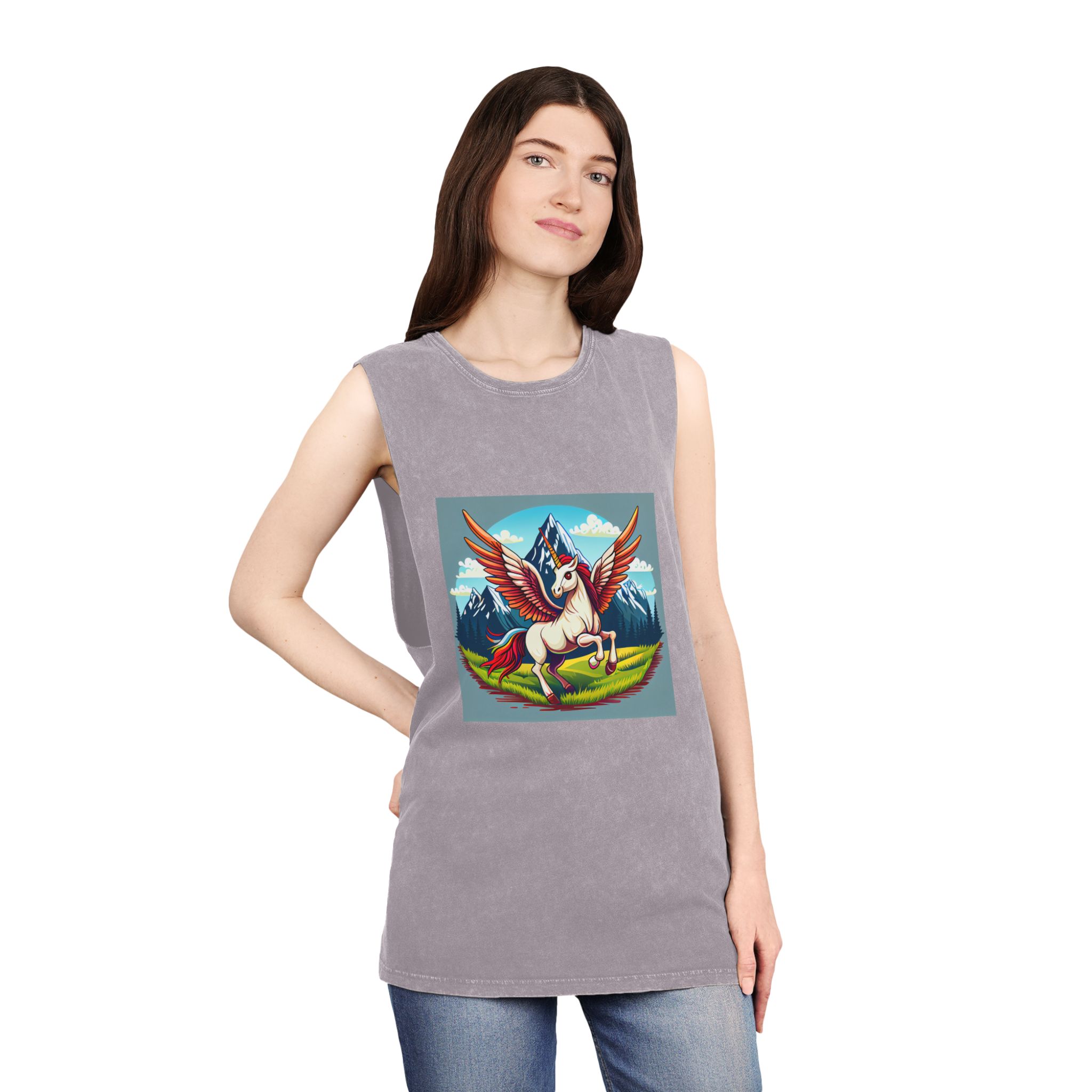 Cartoon Unicorn With Rainbow Wings Top Mountain Background Generative Ai Unisex Stonewash Tank Top - Image 20