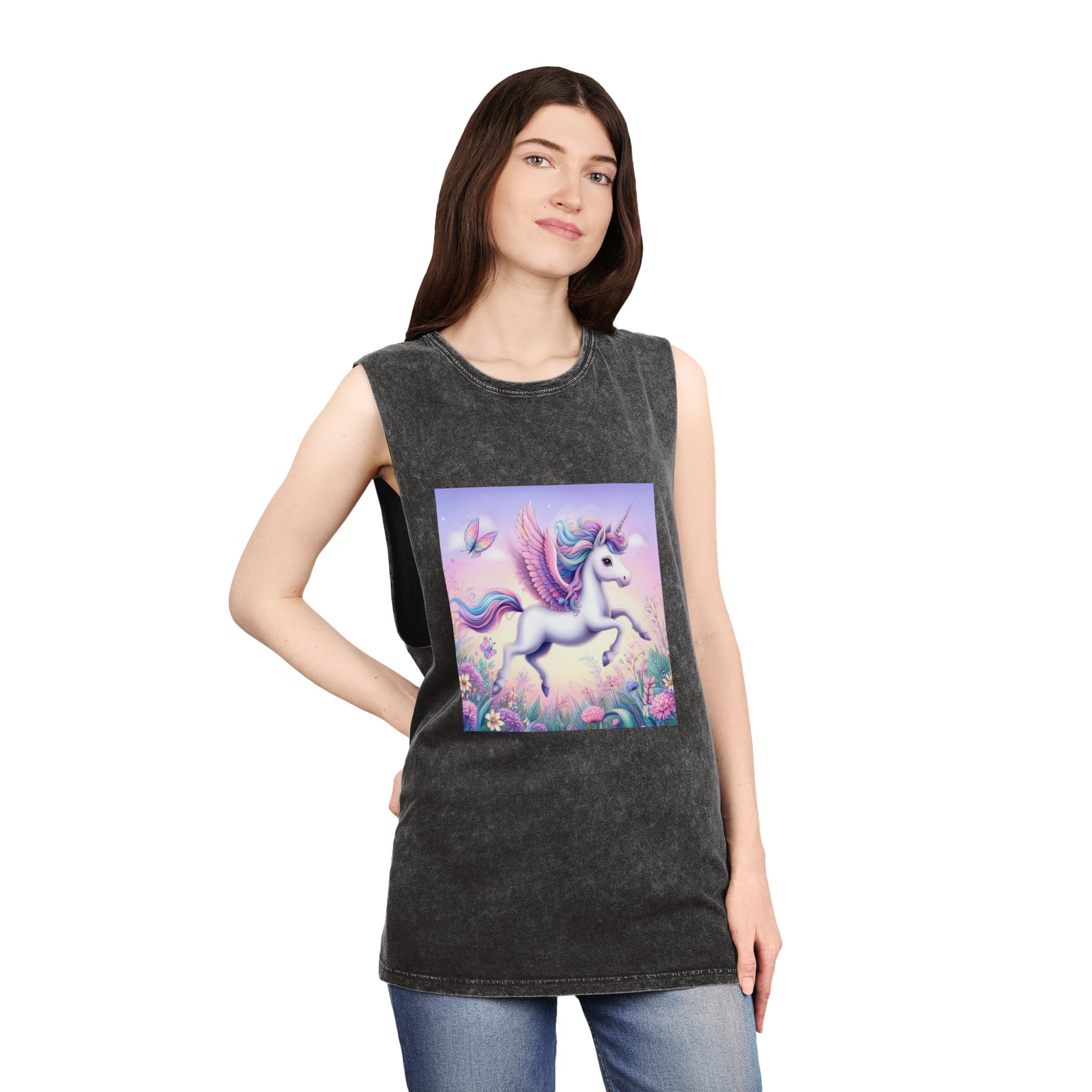 Beautiful Unicorn Running Magical Meadow Unicorn Background Images Whimsical Unicorn (1) Unisex Stonewash Tank Top - Image 4