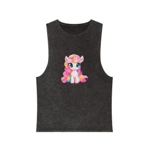 Cartoon Unicorn With Pink Hair Rainbow Mane Sitting Ground Generative Ai Unisex Stonewash Tank Top
