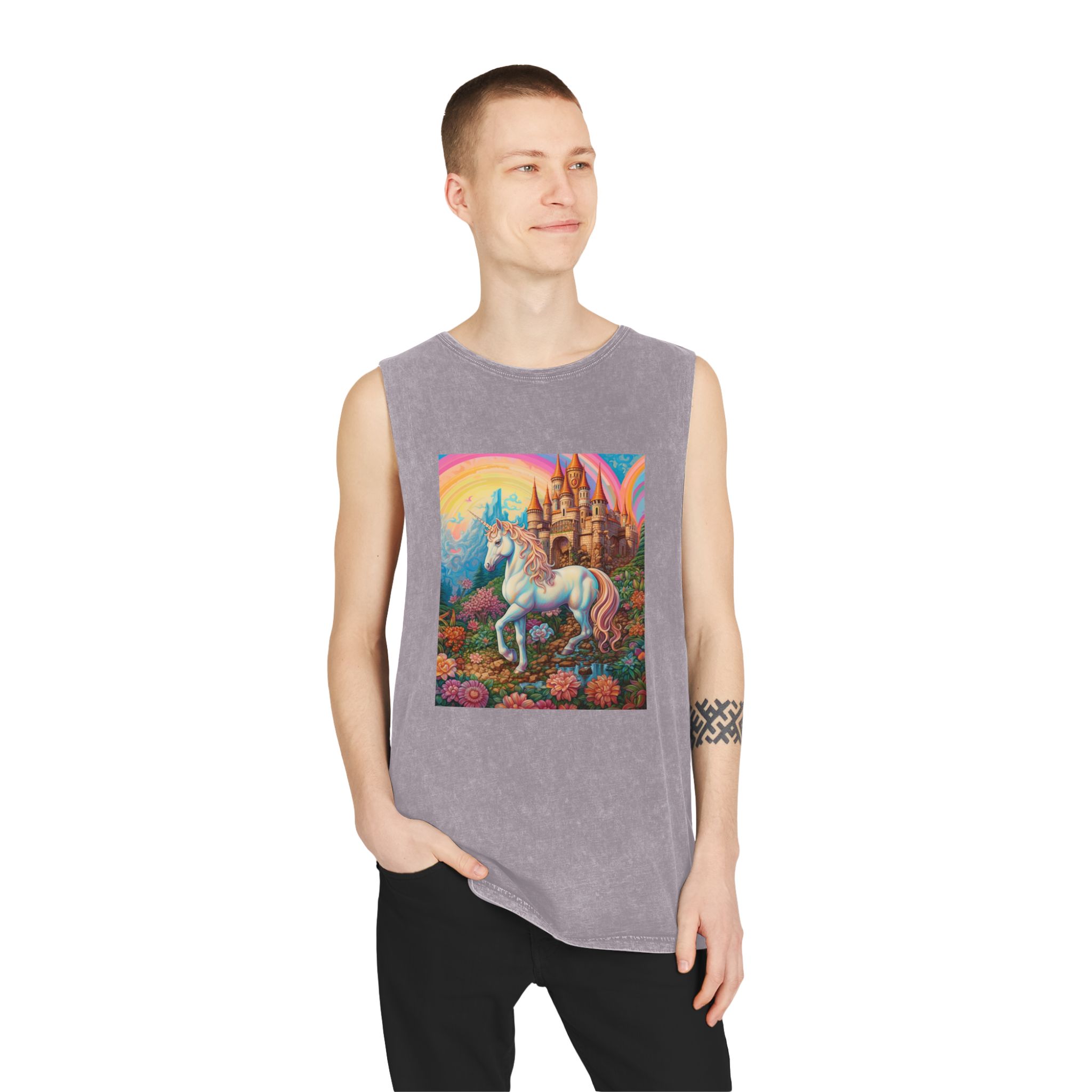 Painting Unicorn Fantasy Setting With Castle Background Generative Ai Copy Unisex Stonewash Tank Top - Image 19