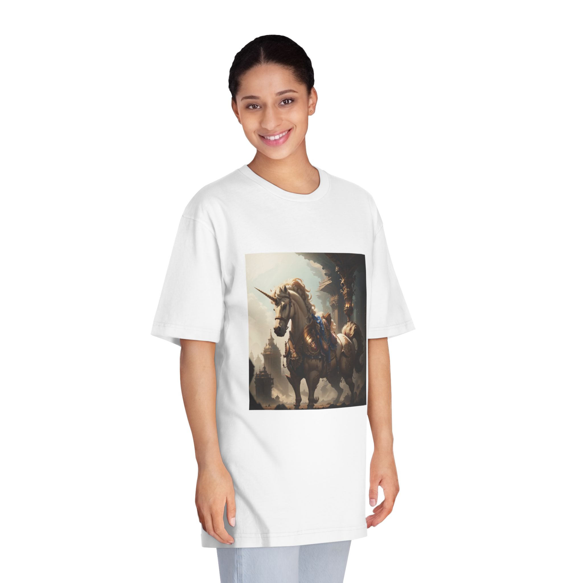 Unicorn With Sword Its Back Is Standing Front Building Unisex Classic Crewneck T Shirt - Image 3