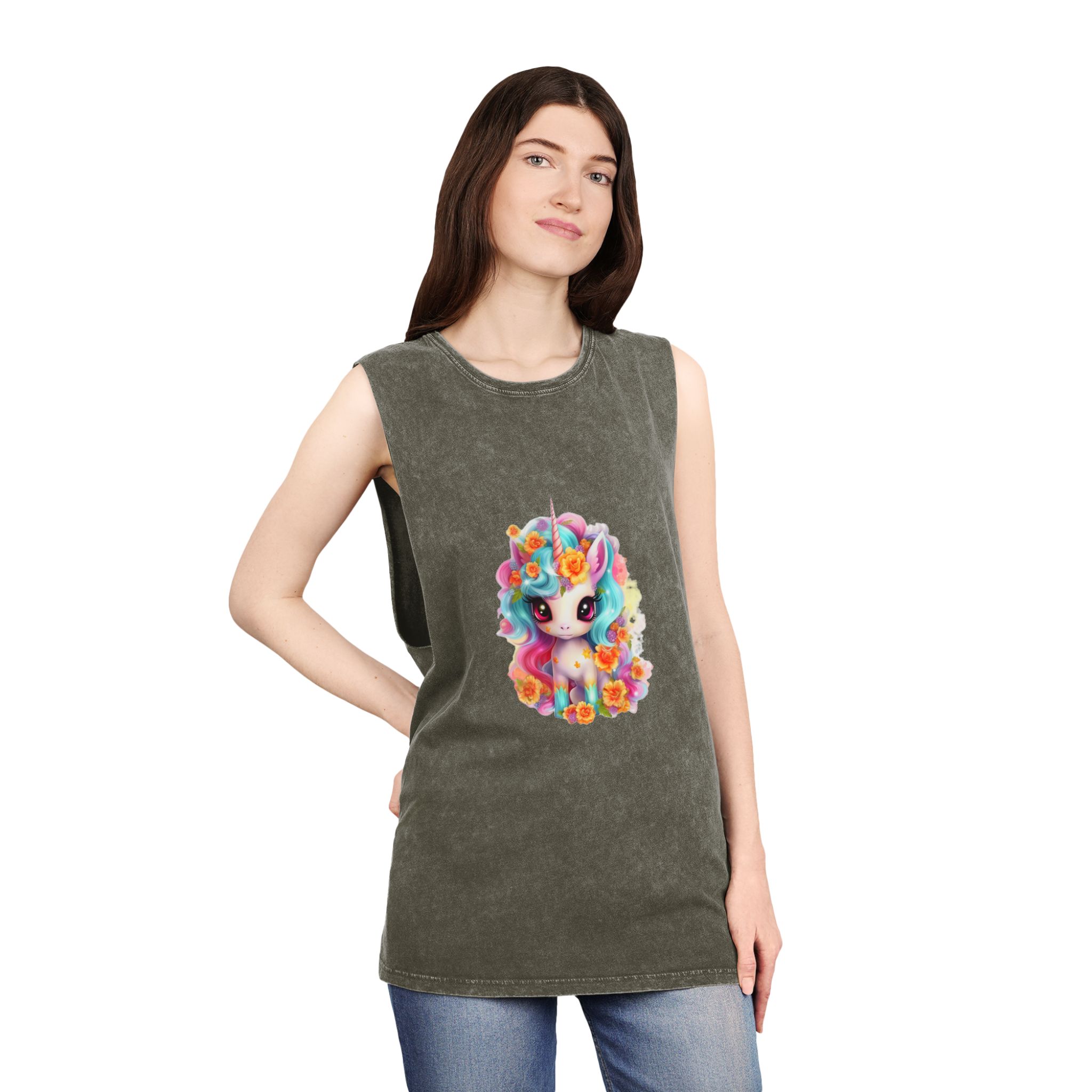 Illustration Unicorn Cartoon With Flower White Background Generative Ai (2) Unisex Stonewash Tank Top - Image 8