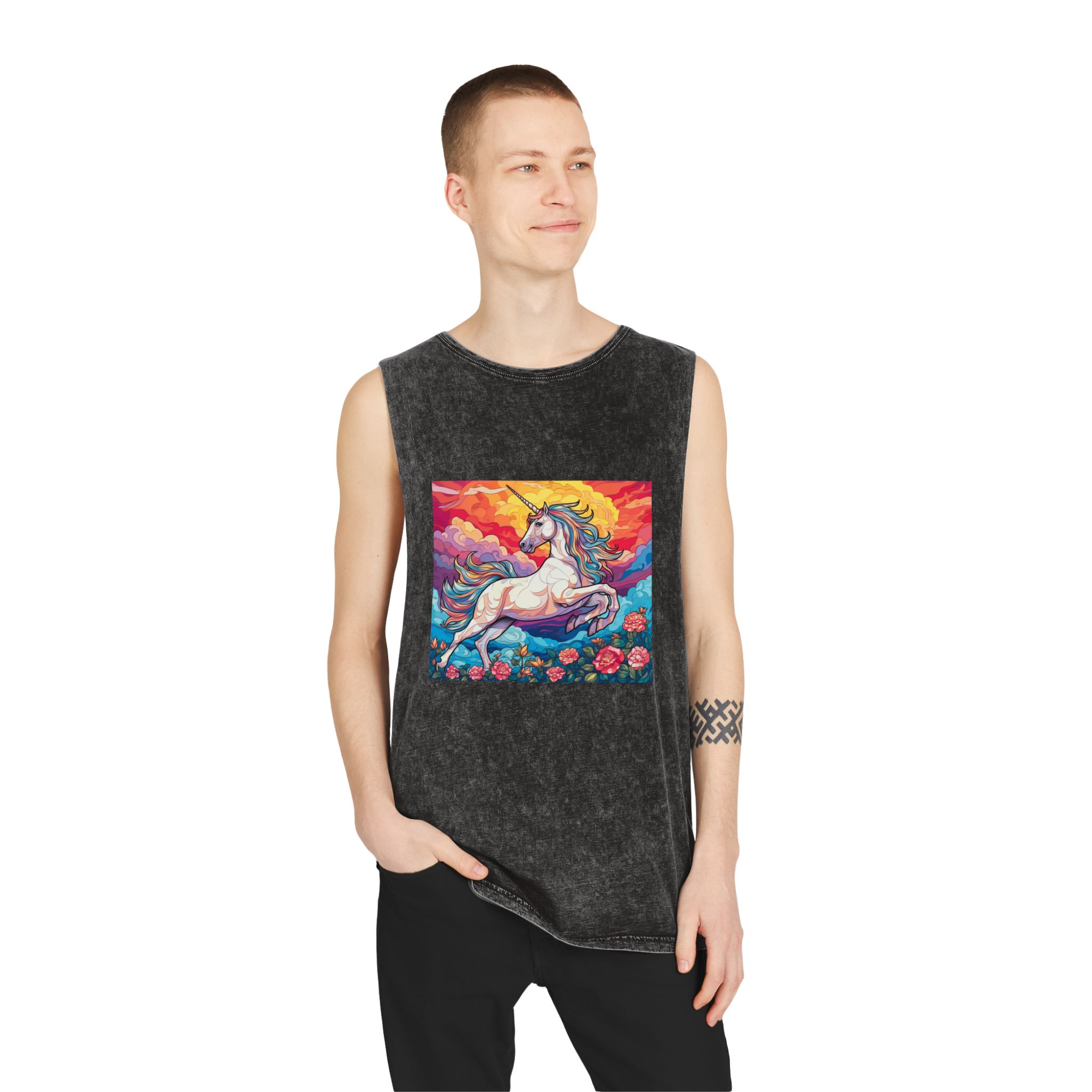 Unicorn Sky With Flowers Clouds Generative Ai Unisex Stonewash Tank Top - Image 3