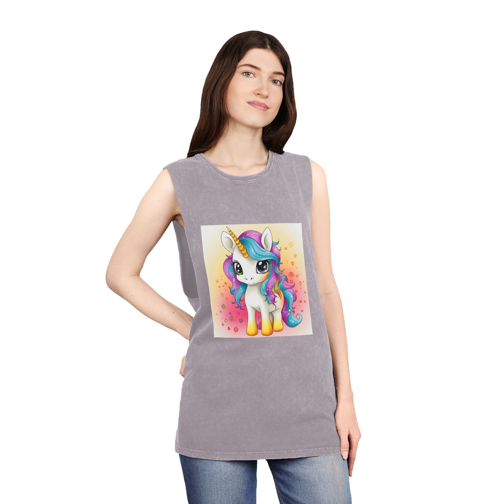 Close Up Cartoon Unicorn With Colorful Mane Generative Ai Unisex Stonewash Tank Top - Image 20