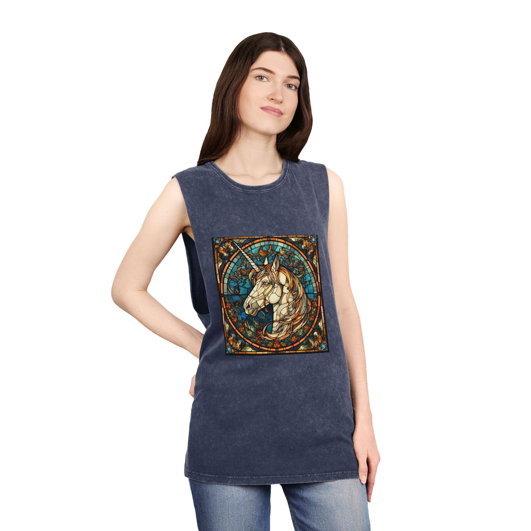 Stained Glass Unicorn Fantasy Unisex Stonewash Tank Top - Image 16