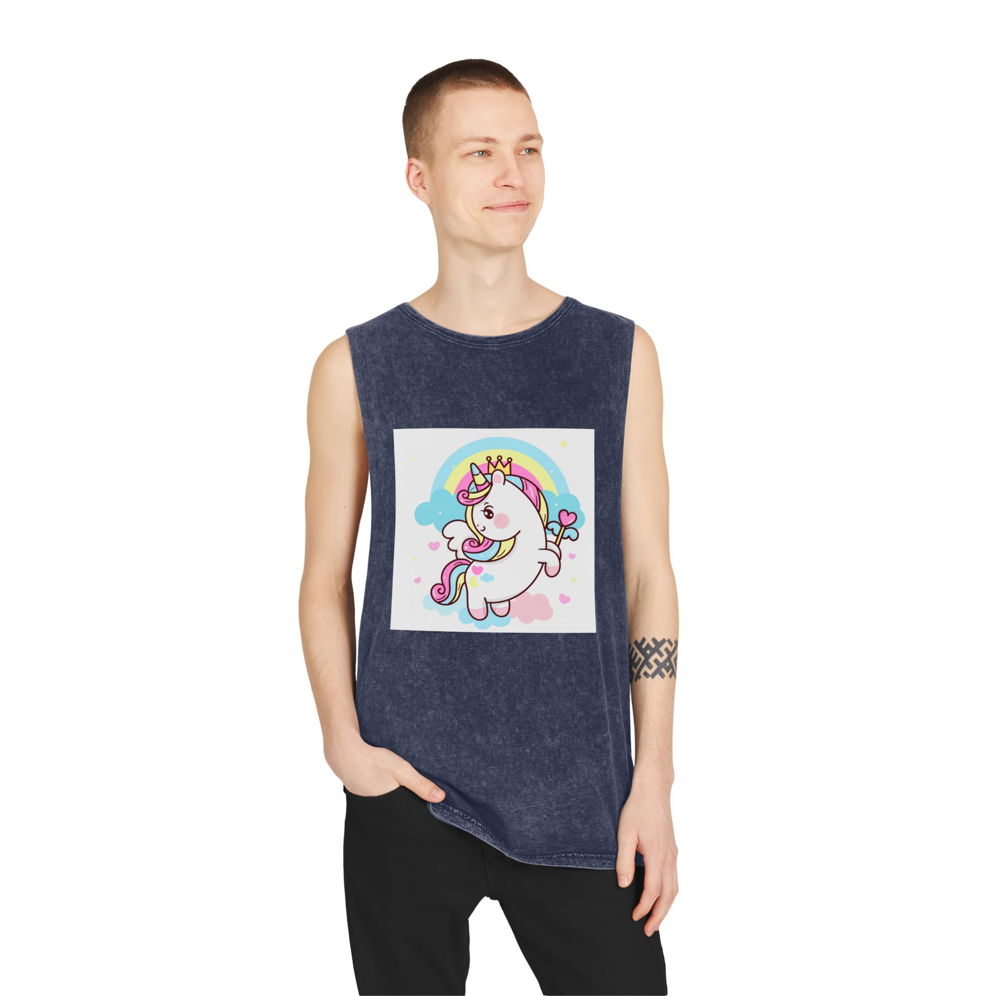 Cute Unicorn Vector Princess Pegasus Holding Heart Magic Wand On Pastel Sky With Sweet Cloud and Heart Pony Cartoon Kawaii Animals Background Unisex Stonewash Tank Top - Image 15