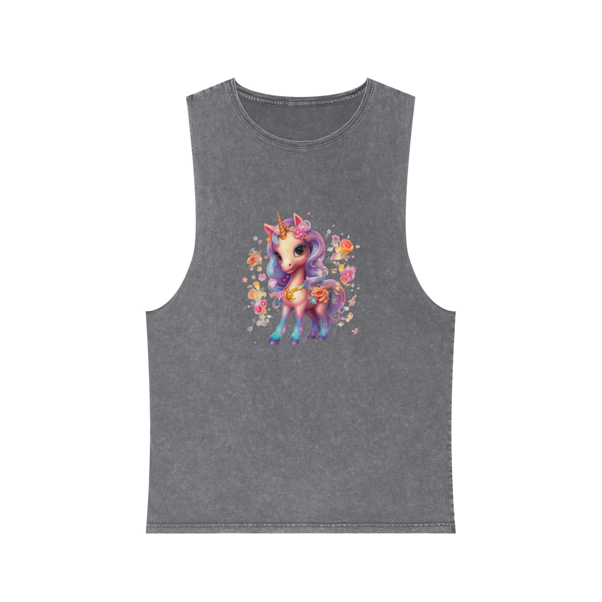 Illustration Unicorn Cartoon With Flower White Background Generative Ai (1) Unisex Stonewash Tank Top - Image 9