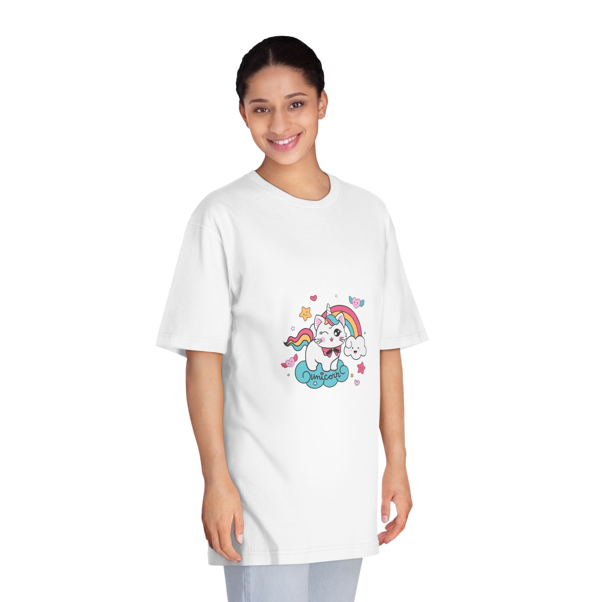Cute Unicorn Cat With Rainbow Clouds Illustration Unisex Classic Crewneck T Shirt - Image 3