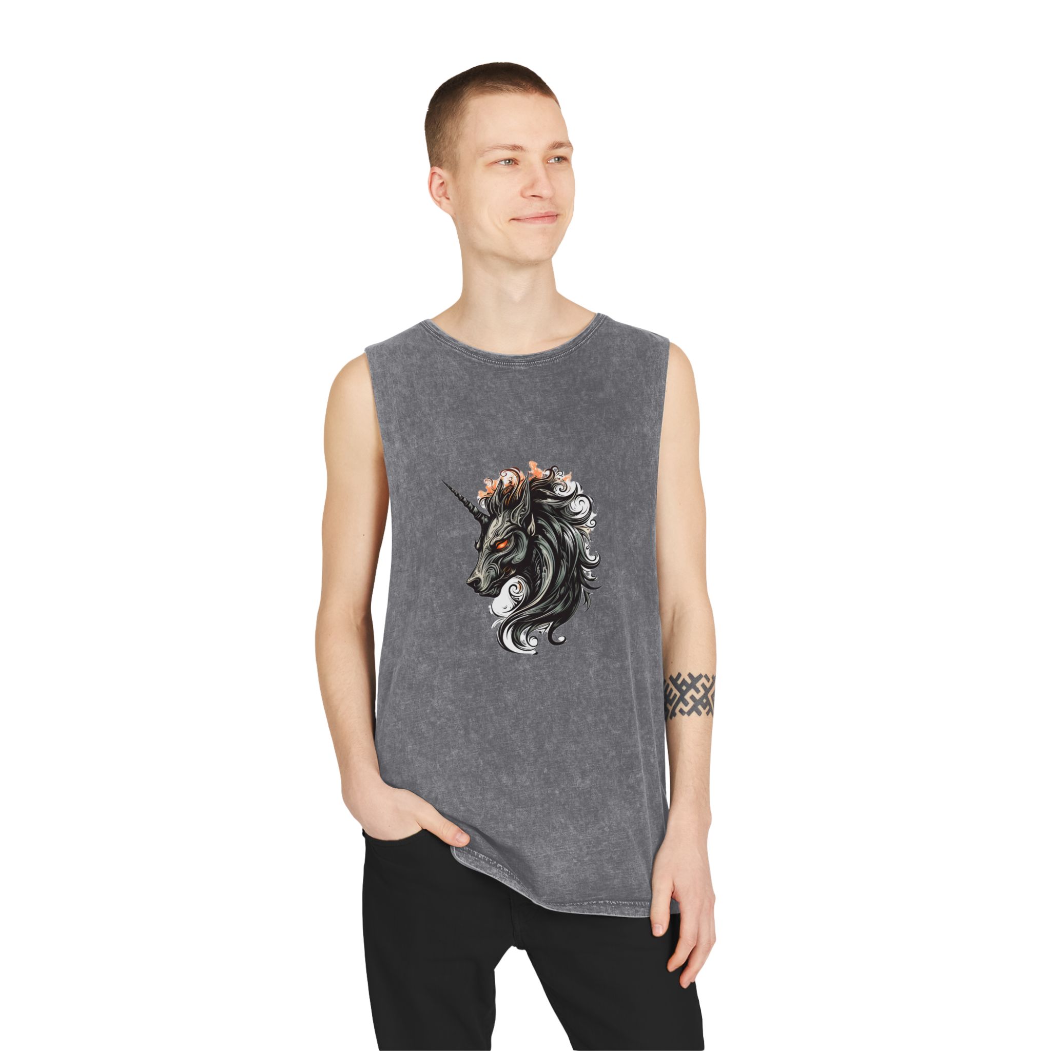 Unicorn Head Tshirt Tattoo Design Dark Art Illustration Isolated White Unisex Stonewash Tank Top - Image 11