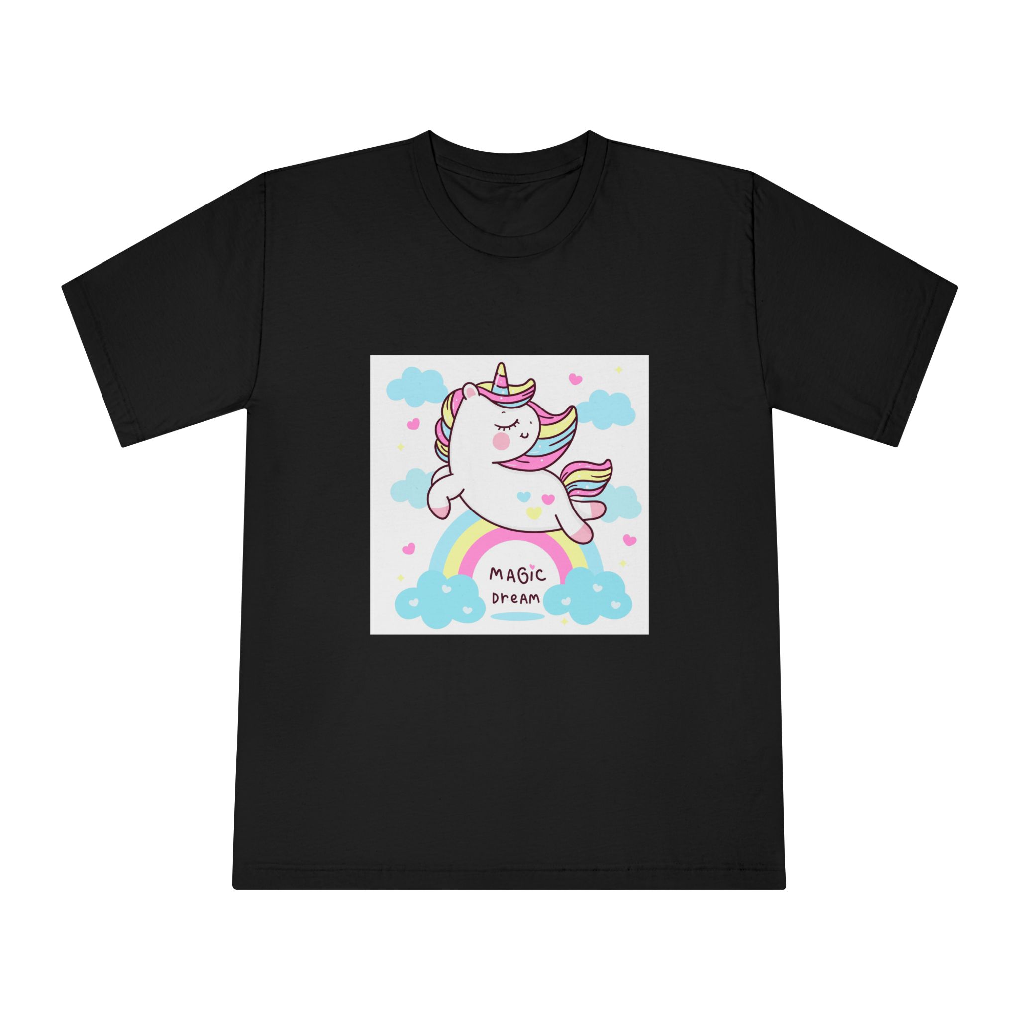 Cute Unicorn Pegasus Vector Fly On Sky With Rainbow Sweet Heart and Cloud Pony Cartoon Pastel Background Valentines Day Unisex Classic Crewneck T Shirt - Image 5