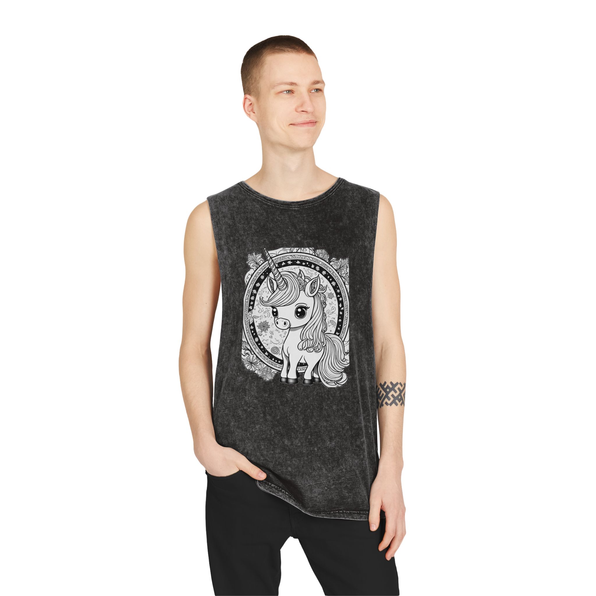 Adorable Unicorn Illustrations Kids Unisex Stonewash Tank Top - Image 3