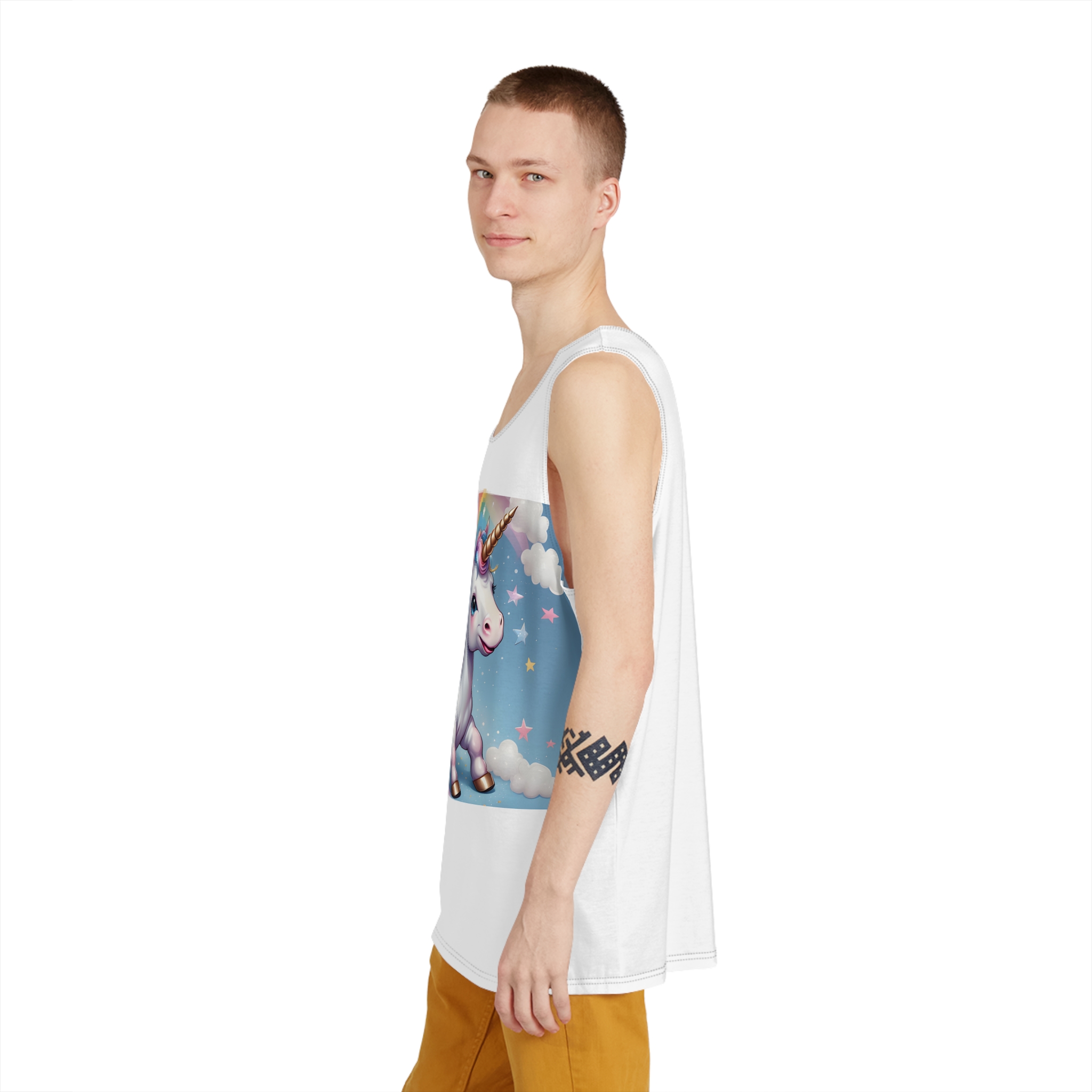 Happy Unicorn Background Sky Rainbow Mens Tank Aop