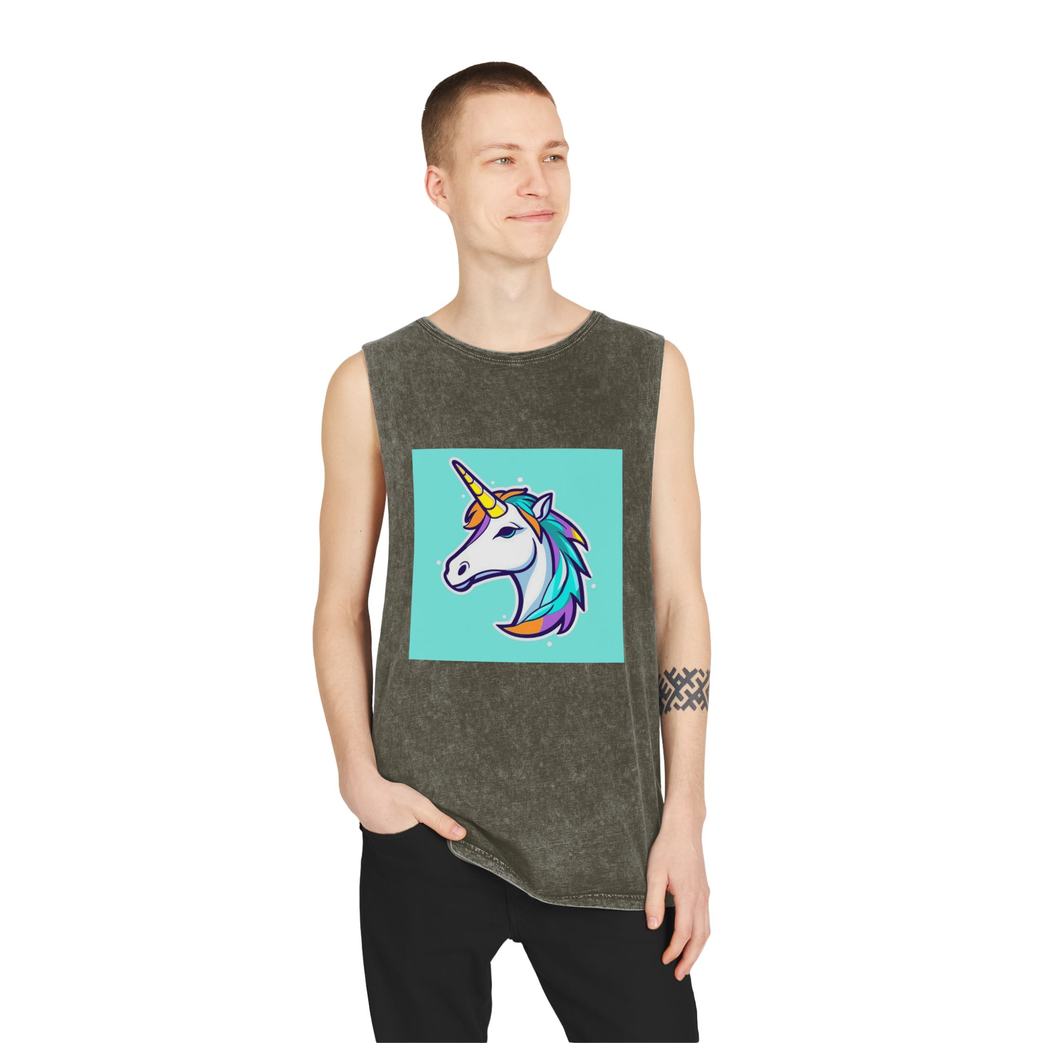 Cartoon Unicorn Head Vector With Maximum 16 Colors I 3 Unisex Stonewash Tank Top - Image 7