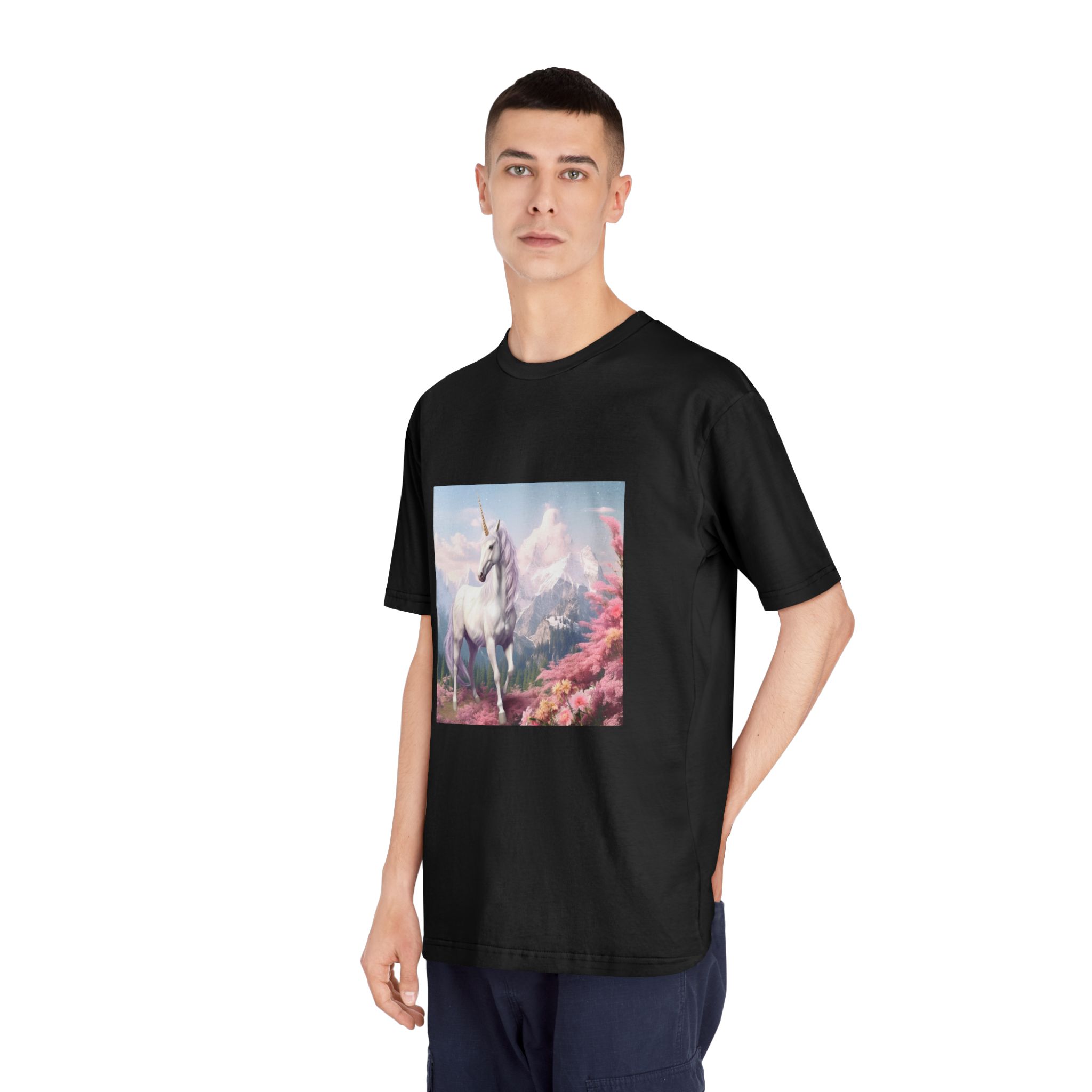 Unicorn Standing Field Flowers With Mountains Background Generative Ai Unisex Classic Crewneck T Shirt - Image 8