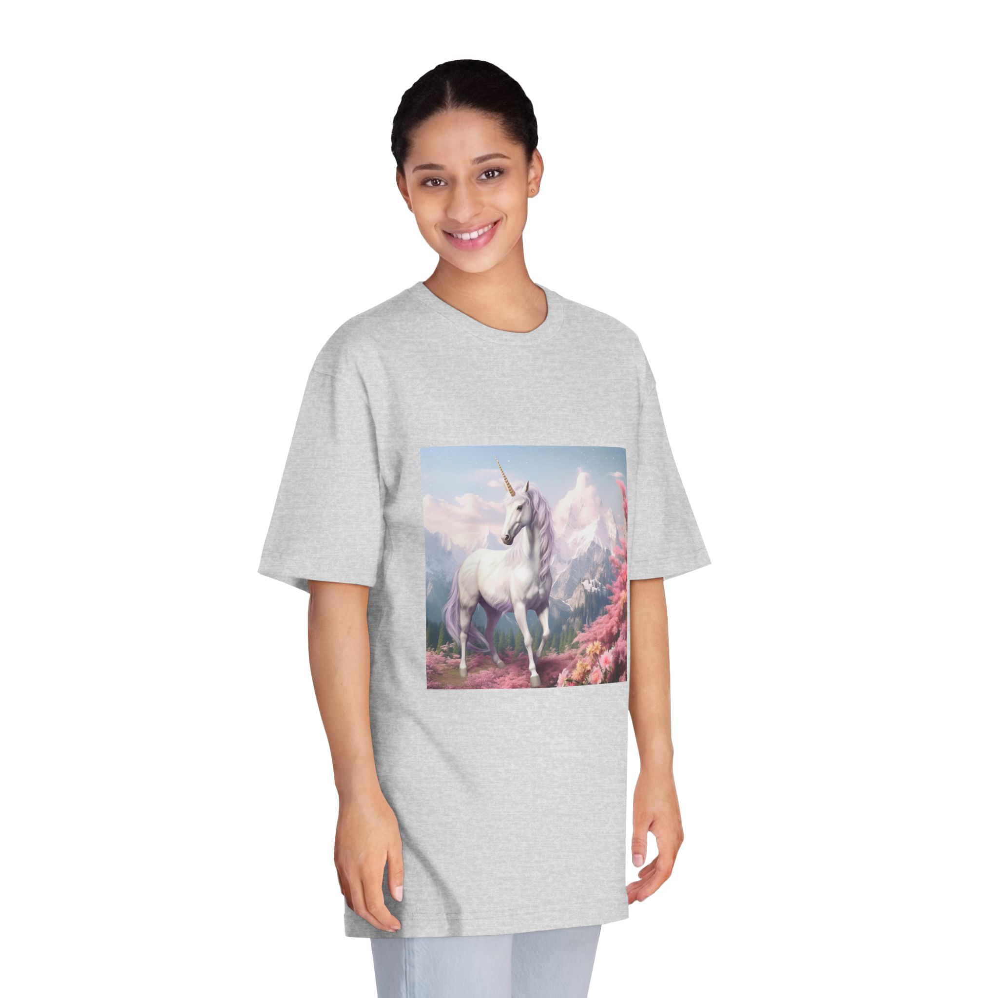 Unicorn Standing Field Flowers With Mountains Background Generative Ai Unisex Classic Crewneck T Shirt - Image 15