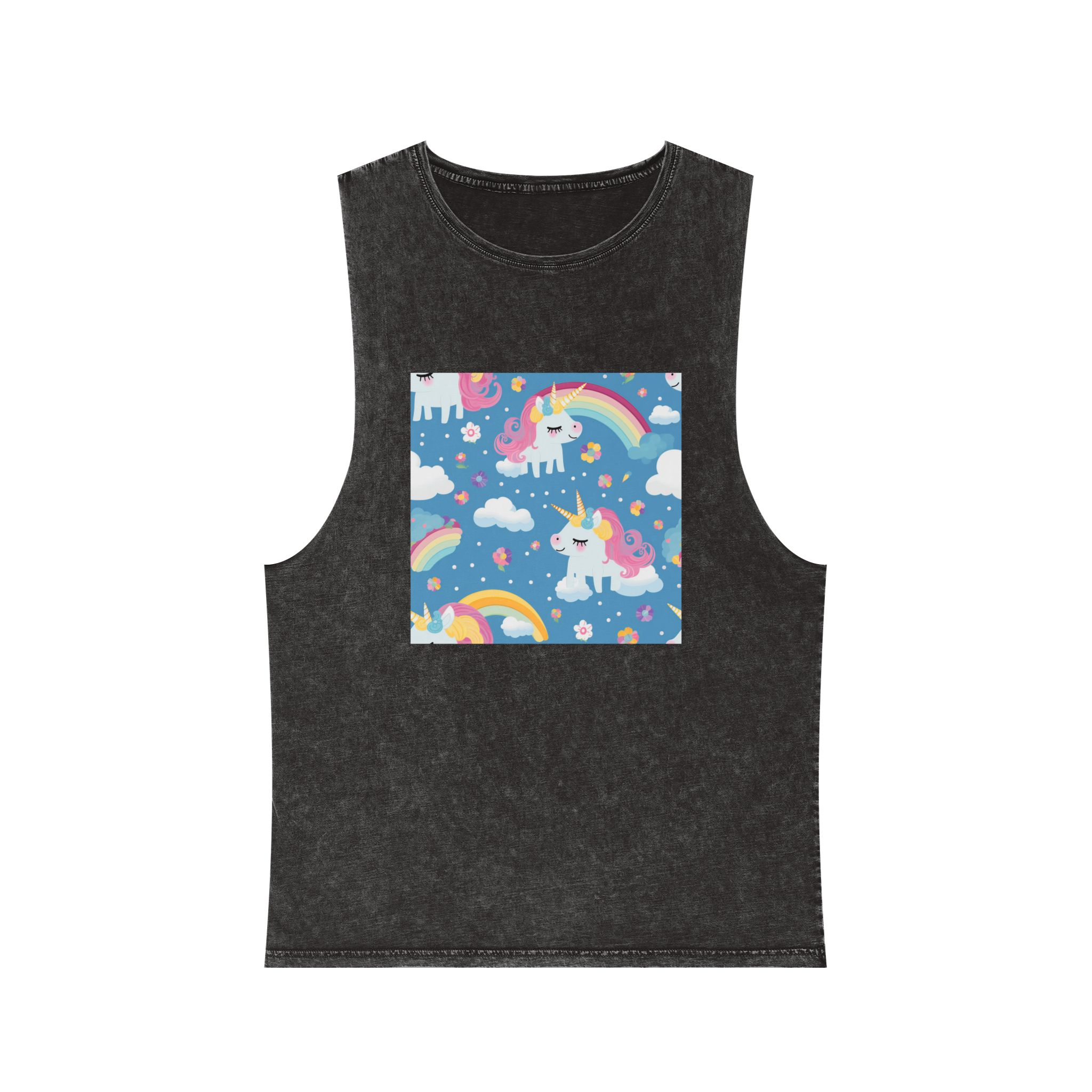 Playful Unicorns Flowers Clouds Rainbows Ice Creams Pastel Background (17) Unisex Stonewash Tank Top